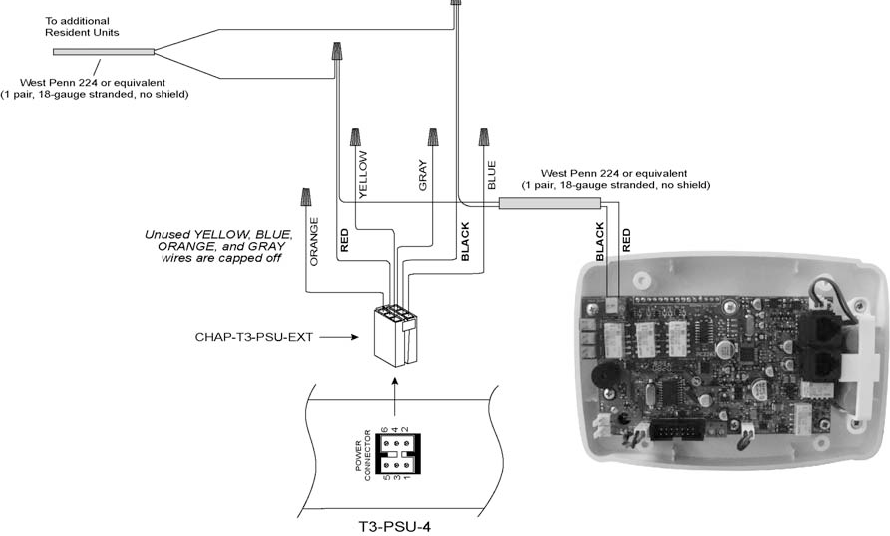 C-6  Installation C.4  Connecting PSU to Resident Units to Power Dome Lights As noted, the T3-PSU-4 external Power Supply Unit is a 24VDC, 4A continuous power supply that powers multiple Dome Lights. Before making any connections with the PSU, first refer to the table on page  C-3  to determine the number of PSUs required for the system.  A 2-pin connector with pigtails is provided for connecting the dome light module to the power supply.  The PSU connects to additional Resident Units using a 1-pair 18-gauge stranded cable, with no shield (West Penn 224 or equivalent).  1. Splice the +24V wire (RED) from the CHAP-T3-PSU-EXT to the red pigtail wire.  2. Splice the Ground wire (BLACK) from the CHAP-T3-PSU-EXT to the black pigtail wire.  3. Plug the 2-pin connector to the power terminals on the Dome Light Module of the Resident Unit shown in the diagram below.  4. Cap off the unused YELLOW, BLUE, ORANGE, and GRAY wires of the CHAP-T3-PSU-EXT.  5. Run the cable to the next Resident Unit and splice it to the appropriate terminals. Repeat this step for each subsequent Resident Unit.   Note:   If another PSU is required along the Resident Unit line, the connections for the subsequent Resident Units are the same.    