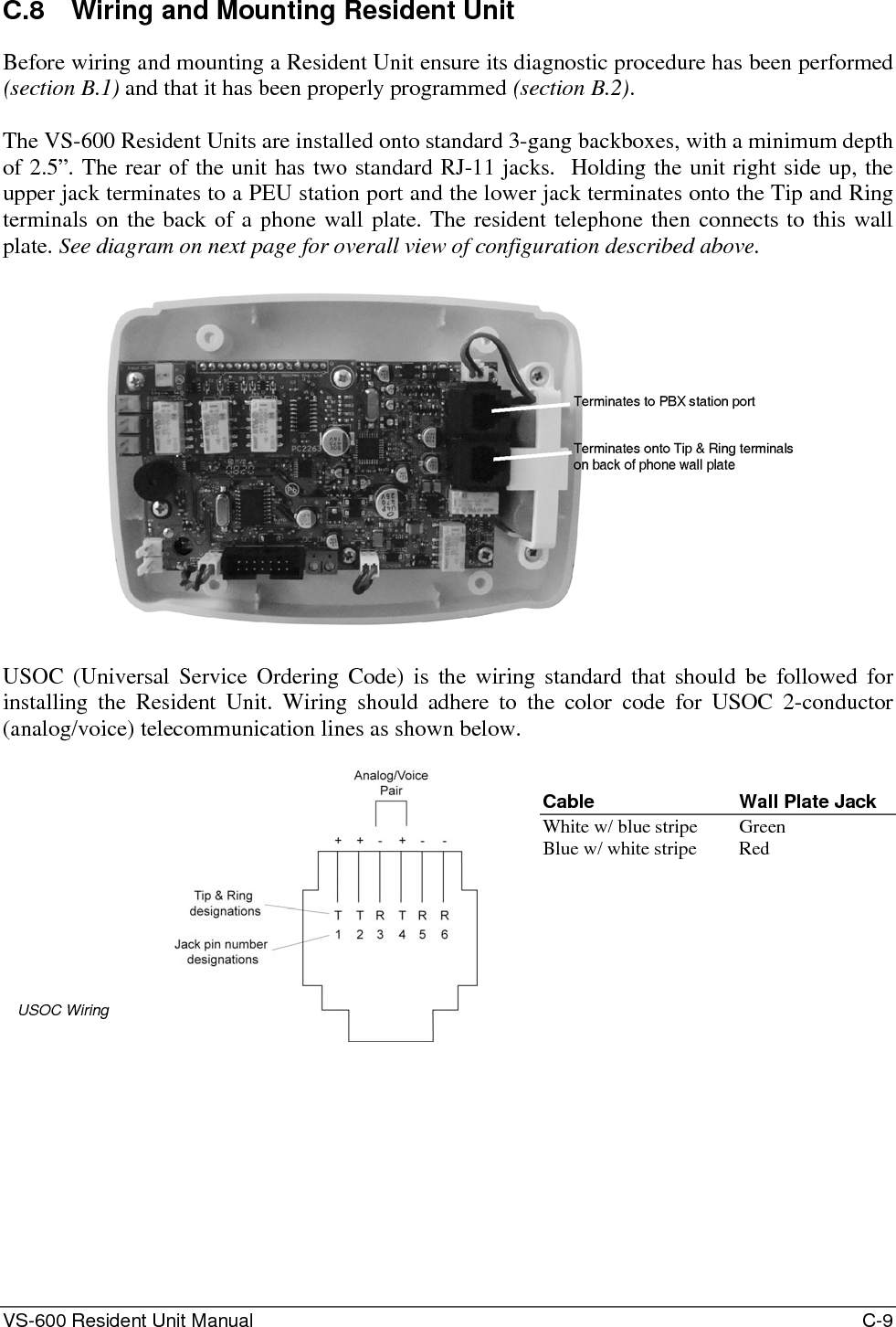 VS-600 Resident Unit Manual    C-9 C.8  Wiring and Mounting Resident Unit Before wiring and mounting a Resident Unit ensure its diagnostic procedure has been performed (section B.1) and that it has been properly programmed (section B.2).   The VS-600 Resident Units are installed onto standard 3-gang backboxes, with a minimum depth of 2.5”. The rear of the unit has two standard RJ-11 jacks.  Holding the unit right side up, the upper jack terminates to a PEU station port and the lower jack terminates onto the Tip and Ring terminals on the back of a phone wall plate. The resident telephone then connects to this wall plate. See diagram on next page for overall view of configuration described above.     USOC (Universal Service Ordering Code) is the wiring standard that should be followed for installing the Resident Unit. Wiring should adhere to the color code for USOC 2-conductor  (analog/voice) telecommunication lines as shown below.  USOC Wiring  Cable  Wall Plate Jack White w/ blue stripe  Green Blue w/ white stripe  Red   