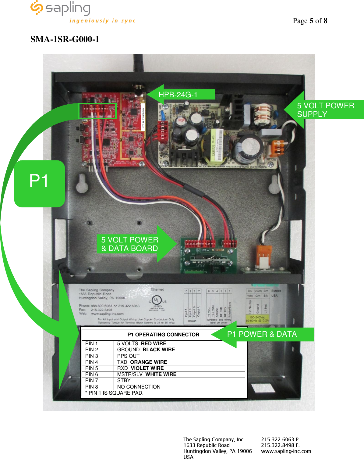                                                                                    Page 5 of 8     SMA-1SR-G000-1   P1 OPERATING CONNECTOR PIN 1 5 VOLTS  RED WIRE PIN 2 GROUND  BLACK WIRE PIN 3 PPS OUT  PIN 4 TXD  ORANGE WIRE PIN 5 RXD  VIOLET WIRE PIN 6 MSTR/SLV  WHITE WIRE PIN 7 STBY PIN 8 NO CONNECTION * PIN 1 IS SQUARE PAD.  FCC ID: R73HPB-24G-1  P1  P1 POWER &amp; DATA HPB-24G-1 5 VOLT POWER SUPPLY 5 VOLT POWER &amp; DATA BOARD 