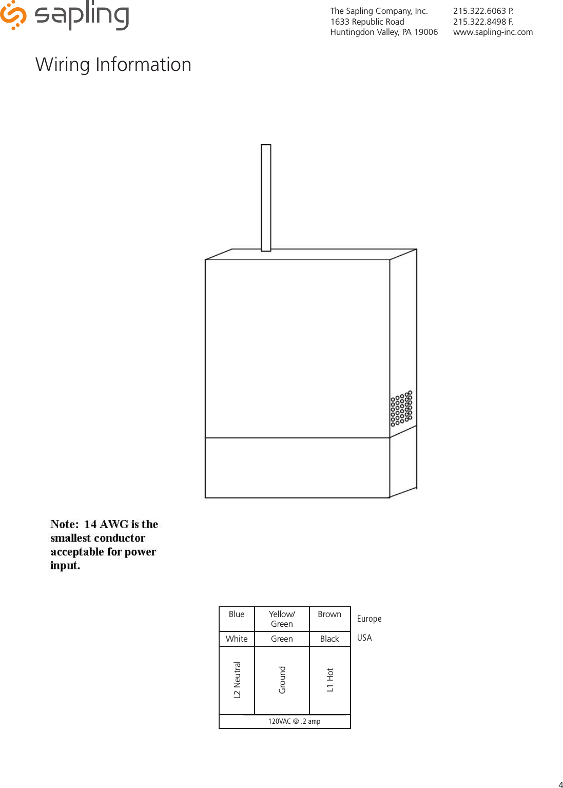 The Sapling Company, Inc.1633 Republic RoadHuntingdon Valley, PA 19006215.322.6063 P.215.322.8498 F.www.sapling-inc.com4Wiring InformationBlue Yellow/GreenBrownWhite Green BlackL2 NeutralGroundL1 Hot120VAC @ .2 ampEuropeUSA