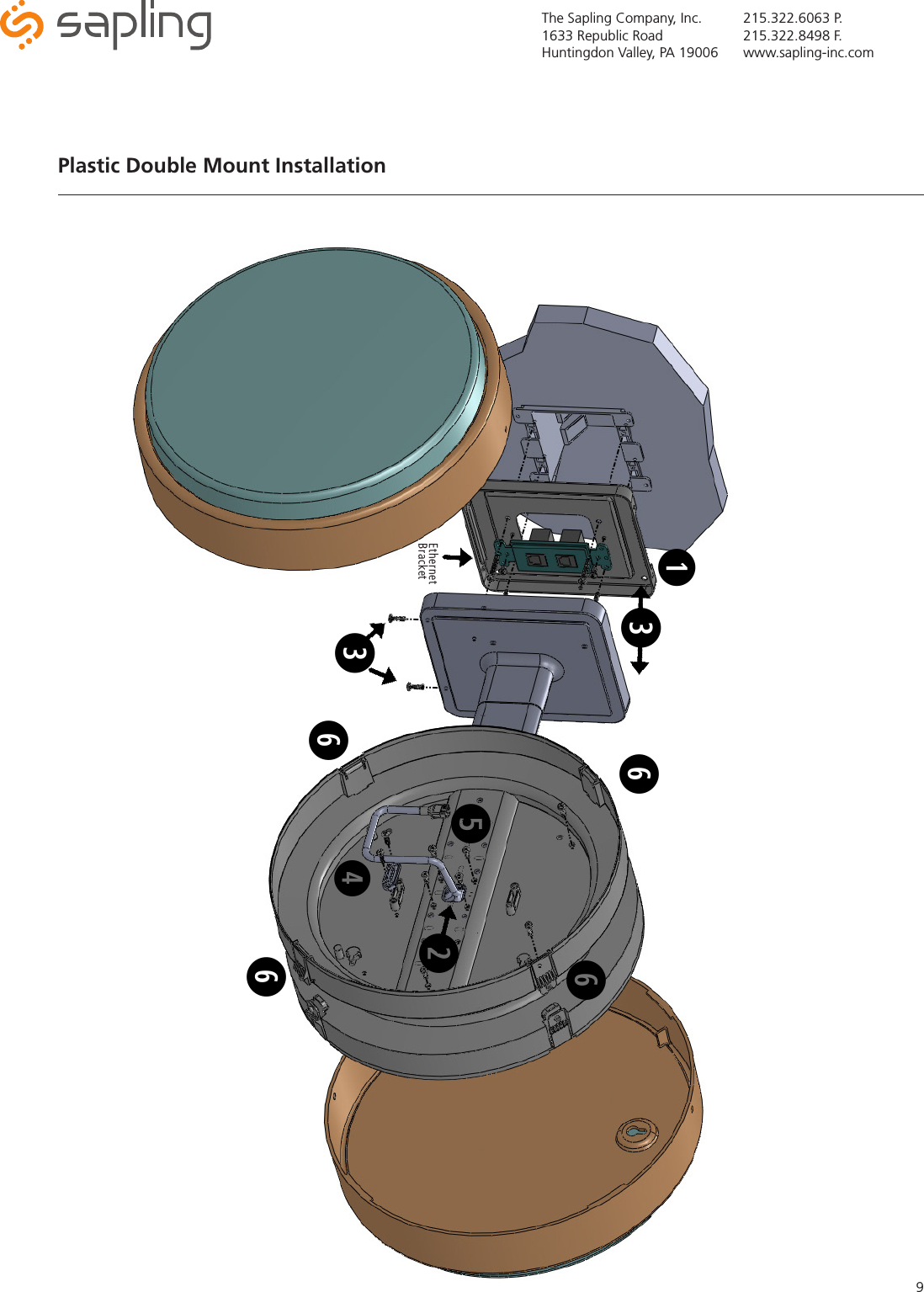 The Sapling Company, Inc.1633 Republic RoadHuntingdon Valley, PA 19006215.322.6063 P.215.322.8498 F.www.sapling-inc.com9Plastic Double Mount Installation qweryytyEthernetBracketye