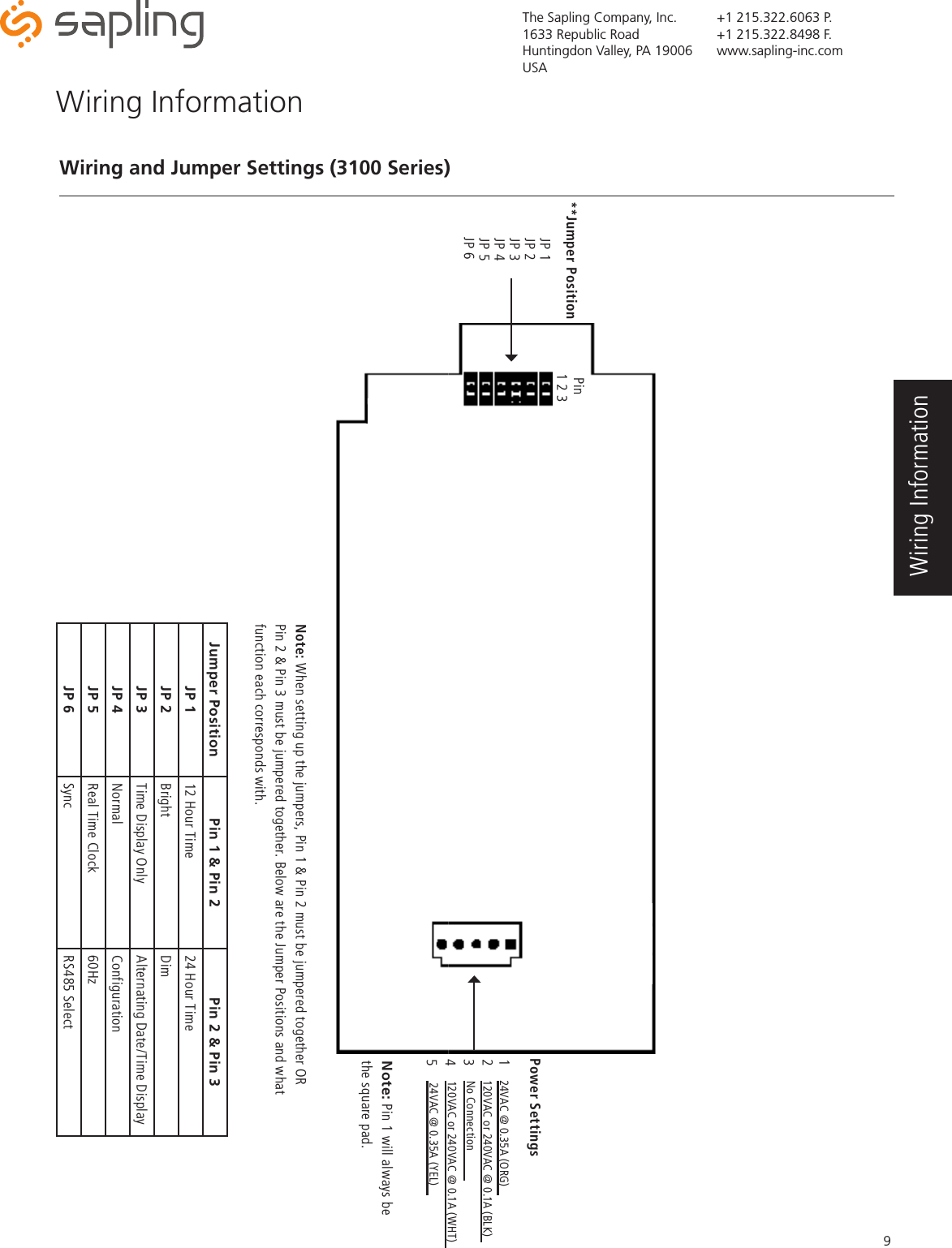 The Sapling Company, Inc.1633 Republic RoadHuntingdon Valley, PA 19006USA+1 215.322.6063 P.+1 215.322.8498 F.www.sapling-inc.com9Wiring Information Wiring and Jumper Settings (3100 Series) **Jumper PositionJP 1JP 4JP 5JP 6JP 2JP 3Power Settings1452324VAC @ 0.35A (ORG)120VAC or 240VAC @ 0.1A (BLK)No Connection120VAC or 240VAC @ 0.1A (WHT)24VAC @ 0.35A (YEL)Note: When setting up the jumpers, Pin 1 &amp; Pin 2 must be jumpered together OR Pin 2 &amp; Pin 3 must be jumpered together. Below are the Jumper Positions and what function each corresponds with.Pin 1 2 3Jumper Position Pin 1 &amp; Pin 2 Pin 2 &amp; Pin 3 JP 1 12 Hour Time 24 Hour TimeJP 2 Bright Dim JP 3 Time Display Only Alternating Date/Time DisplayJP 4 Normal ConfigurationJP 5 Real Time Clock 60HzJP 6 Sync RS485 SelectWiring InformationNote: Pin 1 will always be the square pad.