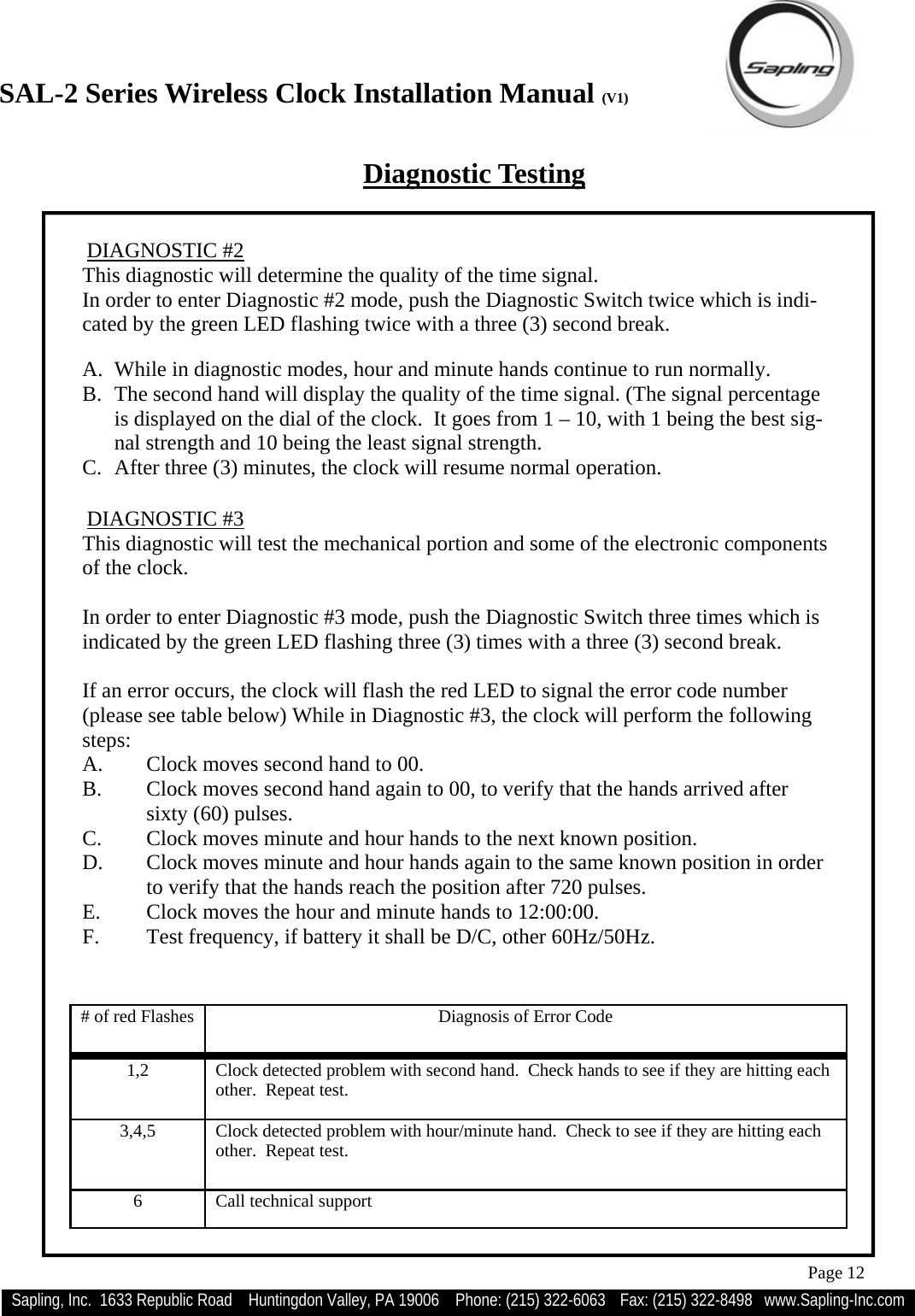 SAL-2 Series Wireless Clock Installation Manual (V1) Sapling, Inc.  1633 Republic Road    Huntingdon Valley, PA 19006    Phone: (215) 322-6063   Fax: (215) 322-8498   www.Sapling-Inc.com Page 12  DIAGNOSTIC #3 This diagnostic will test the mechanical portion and some of the electronic components of the clock.  In order to enter Diagnostic #3 mode, push the Diagnostic Switch three times which is indicated by the green LED flashing three (3) times with a three (3) second break.  If an error occurs, the clock will flash the red LED to signal the error code number (please see table below) While in Diagnostic #3, the clock will perform the following steps: A.  Clock moves second hand to 00. B.    Clock moves second hand again to 00, to verify that the hands arrived after    sixty (60) pulses. C.  Clock moves minute and hour hands to the next known position. D.  Clock moves minute and hour hands again to the same known position in order to verify that the hands reach the position after 720 pulses. E.  Clock moves the hour and minute hands to 12:00:00. F.  Test frequency, if battery it shall be D/C, other 60Hz/50Hz.  # of red Flashes  Diagnosis of Error Code 1,2  Clock detected problem with second hand.  Check hands to see if they are hitting each other.  Repeat test. 3,4,5  Clock detected problem with hour/minute hand.  Check to see if they are hitting each other.  Repeat test. 6  Call technical support  DIAGNOSTIC #2 This diagnostic will determine the quality of the time signal. In order to enter Diagnostic #2 mode, push the Diagnostic Switch twice which is indi-cated by the green LED flashing twice with a three (3) second break.  A.  While in diagnostic modes, hour and minute hands continue to run normally. B.  The second hand will display the quality of the time signal. (The signal percentage is displayed on the dial of the clock.  It goes from 1 – 10, with 1 being the best sig-nal strength and 10 being the least signal strength. C.  After three (3) minutes, the clock will resume normal operation. Diagnostic Testing 