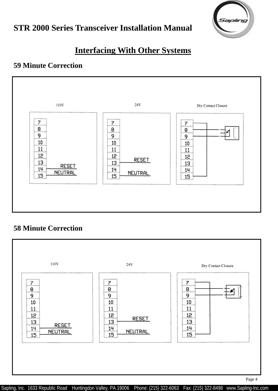 STR 2000 Series Transceiver Installation Manual  Sapling, Inc.  1633 Republic Road    Huntingdon Valley, PA 19006    Phone: (215) 322-6063   Fax: (215) 322-8498   www.Sapling-Inc.com Interfacing With Other Systems 59 Minute Correction 58 Minute Correction  Page 4  