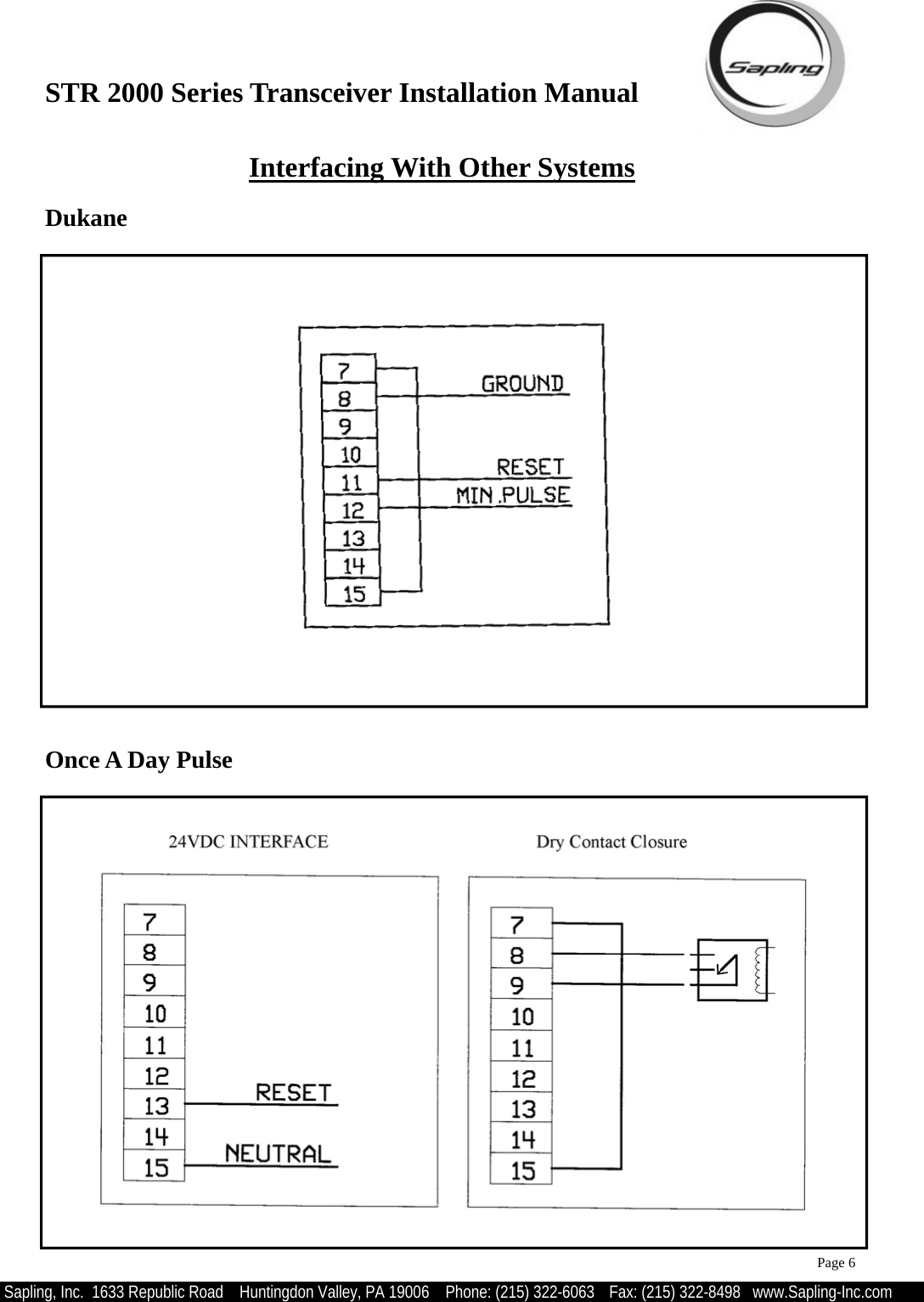 STR 2000 Series Transceiver Installation Manual  Sapling, Inc.  1633 Republic Road    Huntingdon Valley, PA 19006    Phone: (215) 322-6063   Fax: (215) 322-8498   www.Sapling-Inc.com Interfacing With Other Systems Dukane Once A Day Pulse Page 6 