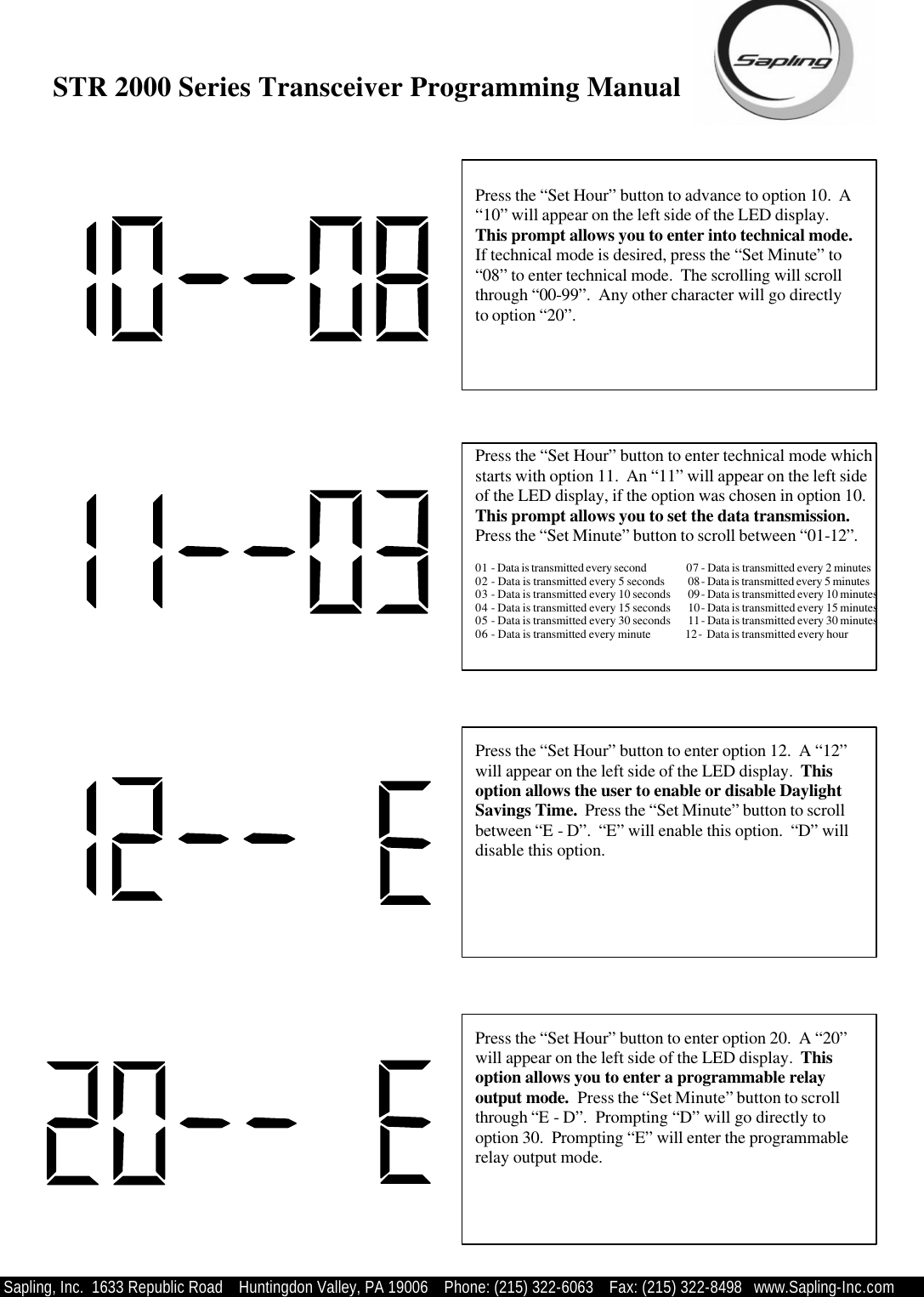 STR 2000 Series Transceiver Programming Manual  Sapling, Inc.  1633 Republic Road    Huntingdon Valley, PA 19006    Phone: (215) 322-6063   Fax: (215) 322-8498   www.Sapling-Inc.com Press the “Set Hour” button to enter technical mode which starts with option 11.  An “11” will appear on the left side of the LED display, if the option was chosen in option 10.  This prompt allows you to set the data transmission.  Press the “Set Minute” button to scroll between “01-12”.  01 - Data is transmitted every second        07 - Data is transmitted every 2 minutes 02 - Data is transmitted every 5 seconds         08 - Data is transmitted every 5 minutes 03 - Data is transmitted every 10 seconds       09 - Data is transmitted every 10 minutes 04 - Data is transmitted every 15 seconds       10 - Data is transmitted every 15 minutes 05 - Data is transmitted every 30 seconds       11 - Data is transmitted every 30 minutes 06 - Data is transmitted every minute             12 -  Data is transmitted every hour  Press the “Set Hour” button to enter option 12.  A “12” will appear on the left side of the LED display.  This option allows the user to enable or disable Daylight Savings Time.  Press the “Set Minute” button to scroll between “E - D”.  “E” will enable this option.  “D” will disable this option. Press the “Set Hour” button to enter option 20.  A “20” will appear on the left side of the LED display.  This option allows you to enter a programmable relay output mode.  Press the “Set Minute” button to scroll through “E - D”.  Prompting “D” will go directly to option 30.  Prompting “E” will enter the programmable relay output mode.   Press the “Set Hour” button to advance to option 10.  A “10” will appear on the left side of the LED display.  This prompt allows you to enter into technical mode.  If technical mode is desired, press the “Set Minute” to “08” to enter technical mode.  The scrolling will scroll through “00-99”.  Any other character will go directly to option “20”. 