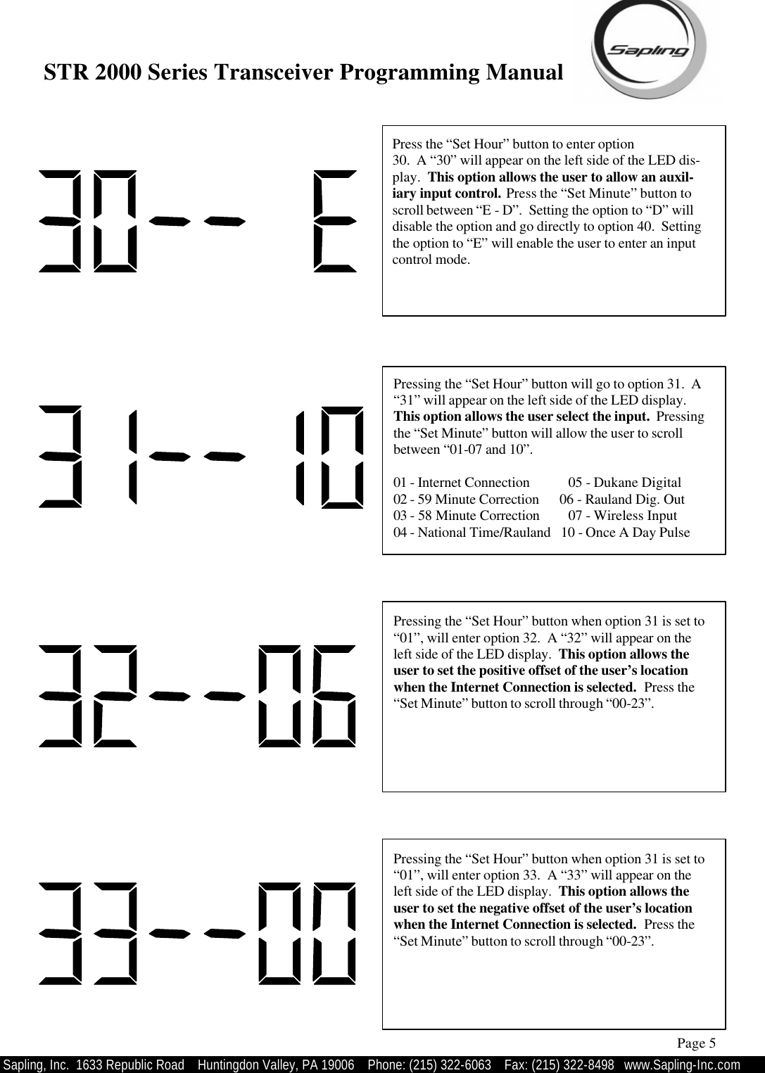 STR 2000 Series Transceiver Programming Manual  Sapling, Inc.  1633 Republic Road    Huntingdon Valley, PA 19006    Phone: (215) 322-6063   Fax: (215) 322-8498   www.Sapling-Inc.com Press the “Set Hour” button to enter option  30.  A “30” will appear on the left side of the LED dis-play.  This option allows the user to allow an auxil-iary input control.  Press the “Set Minute” button to scroll between “E - D”.  Setting the option to “D” will disable the option and go directly to option 40.  Setting the option to “E” will enable the user to enter an input control mode.   Page 5 Pressing the “Set Hour” button will go to option 31.  A “31” will appear on the left side of the LED display.  This option allows the user select the input.  Pressing the “Set Minute” button will allow the user to scroll between “01-07 and 10”.  01 - Internet Connection       05 - Dukane Digital 02 - 59 Minute Correction      06 - Rauland Dig. Out 03 - 58 Minute Correction       07 - Wireless Input                        04 - National Time/Rauland   10 - Once A Day Pulse Pressing the “Set Hour” button when option 31 is set to “01”, will enter option 32.  A “32” will appear on the left side of the LED display.  This option allows the user to set the positive offset of the user’s location when the Internet Connection is selected.  Press the “Set Minute” button to scroll through “00-23”. Pressing the “Set Hour” button when option 31 is set to “01”, will enter option 33.  A “33” will appear on the left side of the LED display.  This option allows the user to set the negative offset of the user’s location when the Internet Connection is selected.  Press the “Set Minute” button to scroll through “00-23”. 