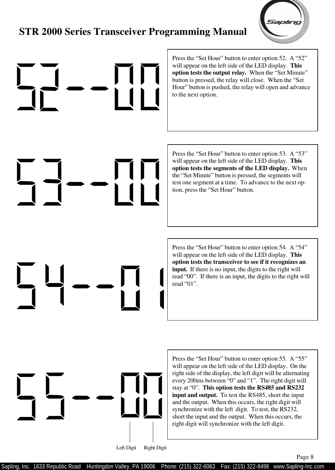 STR 2000 Series Transceiver Programming Manual  Sapling, Inc.  1633 Republic Road    Huntingdon Valley, PA 19006    Phone: (215) 322-6063   Fax: (215) 322-8498   www.Sapling-Inc.com Press the “Set Hour” button to enter option 52.  A “52” will appear on the left side of the LED display.  This option tests the output relay.  When the “Set Minute” button is pressed, the relay will close.  When the “Set Hour” button is pushed, the relay will open and advance to the next option. Page 8 Press the “Set Hour” button to enter option 53.  A “53” will appear on the left side of the LED display.  This option tests the segments of the LED display.  When the “Set Minute” button is pressed, the segments will test one segment at a time.  To advance to the next op-tion, press the “Set Hour” button.   Press the “Set Hour” button to enter option 54.  A “54” will appear on the left side of the LED display.  This option tests the transceiver to see if it recognizes an input.  If there is no input, the digits to the right will read “00”.  If there is an input, the digits to the right will read “01”.   Press the “Set Hour” button to enter option 55.  A “55” will appear on the left side of the LED display.  On the right side of the display, the left digit will be alternating every 200ms between “0” and “1”.  The right digit will stay at “0”.  This option tests the RS485 and RS232 input and output.  To test the RS485, short the input and the output.  When this occurs, the right digit will synchronize with the left  digit.  To test, the RS232, short the input and the output.  When this occurs, the right digit will synchronize with the left digit. Left Digit  Right Digit  