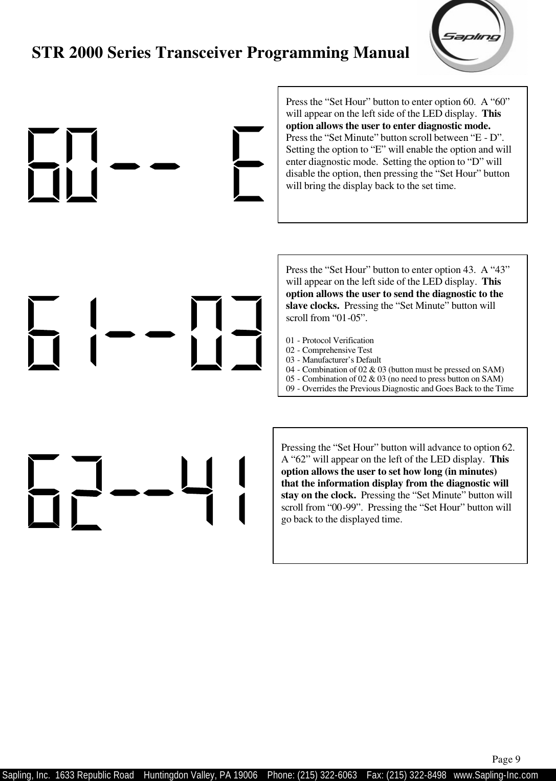 STR 2000 Series Transceiver Programming Manual  Sapling, Inc.  1633 Republic Road    Huntingdon Valley, PA 19006    Phone: (215) 322-6063   Fax: (215) 322-8498   www.Sapling-Inc.com Press the “Set Hour” button to enter option 60.  A “60” will appear on the left side of the LED display.  This option allows the user to enter diagnostic mode.  Press the “Set Minute” button scroll between “E - D”.  Setting the option to “E” will enable the option and will enter diagnostic mode.  Setting the option to “D” will disable the option, then pressing the “Set Hour” button will bring the display back to the set time. Page 9 Press the “Set Hour” button to enter option 43.  A “43” will appear on the left side of the LED display.  This option allows the user to send the diagnostic to the slave clocks.  Pressing the “Set Minute” button will scroll from “01-05”.    01 - Protocol Verification 02 - Comprehensive Test 03 - Manufacturer’s Default  04 - Combination of 02 &amp; 03 (button must be pressed on SAM) 05 - Combination of 02 &amp; 03 (no need to press button on SAM) 09 - Overrides the Previous Diagnostic and Goes Back to the Time Pressing the “Set Hour” button will advance to option 62.  A “62” will appear on the left of the LED display.  This option allows the user to set how long (in minutes) that the information display from the diagnostic will stay on the clock.  Pressing the “Set Minute” button will scroll from “00-99”.  Pressing the “Set Hour” button will go back to the displayed time. 