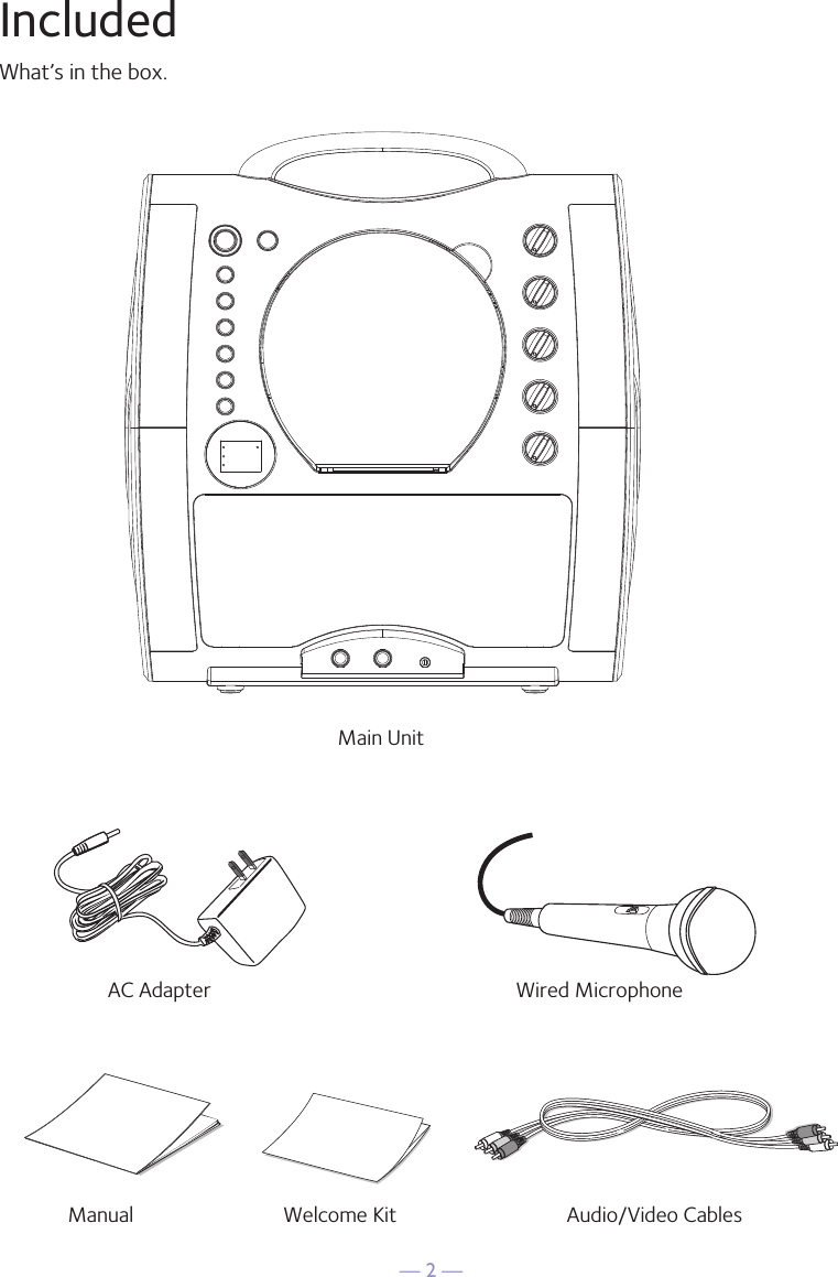 — 2 —IncludedWhat’s in the box.Wired MicrophoneMain UnitAudio/Video CablesAC AdapterManual Welcome Kit