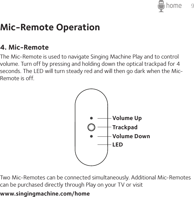 9Mic-Remote Operation4. Mic-RemoteThe Mic-Remote is used to navigate Singing Machine Play and to control volume. Turn off by pressing and holding down the optical trackpad for 4 seconds. The LED will turn steady red and will then go dark when the Mic-Remote is off.Two Mic-Remotes can be connected simultaneously. Additional Mic-Remotes can be purchased directly through Play on your TV or visit www.singingmachine.com/homeVolume UpVolume DownLEDTrackpad