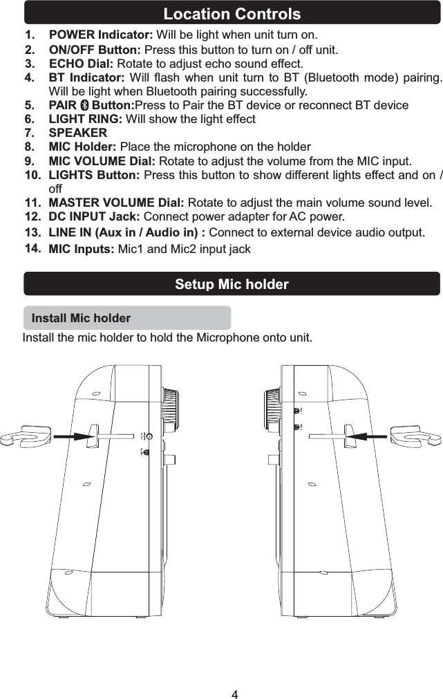 1. POWER Indicator: Will be light when unit turn on.2. ON/OFF Button: Press this button to turn on / off unit.3. ECHO Dial: Rotate to adjust echo sound effect.Location Controls4. BT Indicator: Will flash when unit turn to BT (Bluetooth mode) pairing.Will be light when Bluetooth pairing successfully.5. PAIR Button:Press to Pair the BT device or reconnect BT device6. LIGHT RING: Will show the light effect7. SPEAKER8. MIC Holder: Place the microphone on the holder9. MIC VOLUME Dial: Rotate to adjust the volume from the MIC input.10. LIGHTS Button: Press this button to show different lights effect and on /off11. MASTER VOLUME Dial: Rotate to adjust the main volume sound level.12. DC INPUT Jack: Connect power adapter for AC power.13. LINE IN (Aux in / Audio in) : Connect to external device audio output.14. MIC Inputs: Mic1 and Mic2 input jackInstall the mic holder to hold the Microphone onto unit. Setup Mic holder Install Mic holder4