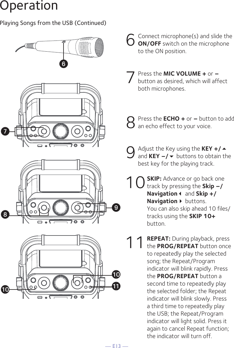 — E13 —OperationPlaying Songs from the USB (Continued)6  Connect microphone(s) and slide the ON/OFF switch on the microphone to the ON position.7 Press the MIC VOLUME + or –button as desired, which will affect both microphones.8  Press the ECHO + or – button to add an echo effect to your voice. 9  Adjust the Key using the KEY +/ and KEY –/ buttons to obtain the best key for the playing track.10 SKIP: Advance or go back one track by pressing the Skip –/Navigation and Skip +/Navigation buttons.  You can also skip ahead 10 files/tracks using the SKIP 10+ button.11 REPEAT: During playback, press the PROG/REPEAT button once to repeatedly play the selected song; the Repeat/Program indicator will blink rapidly. Press the PROG/REPEAT button a second time to repeatedly play the selected folder; the Repeat indicator will blink slowly. Press a third time to repeatedly play the USB; the Repeat/Program indicator will light solid. Press it again to cancel Repeat function; the indicator will turn off.VWXatakatU