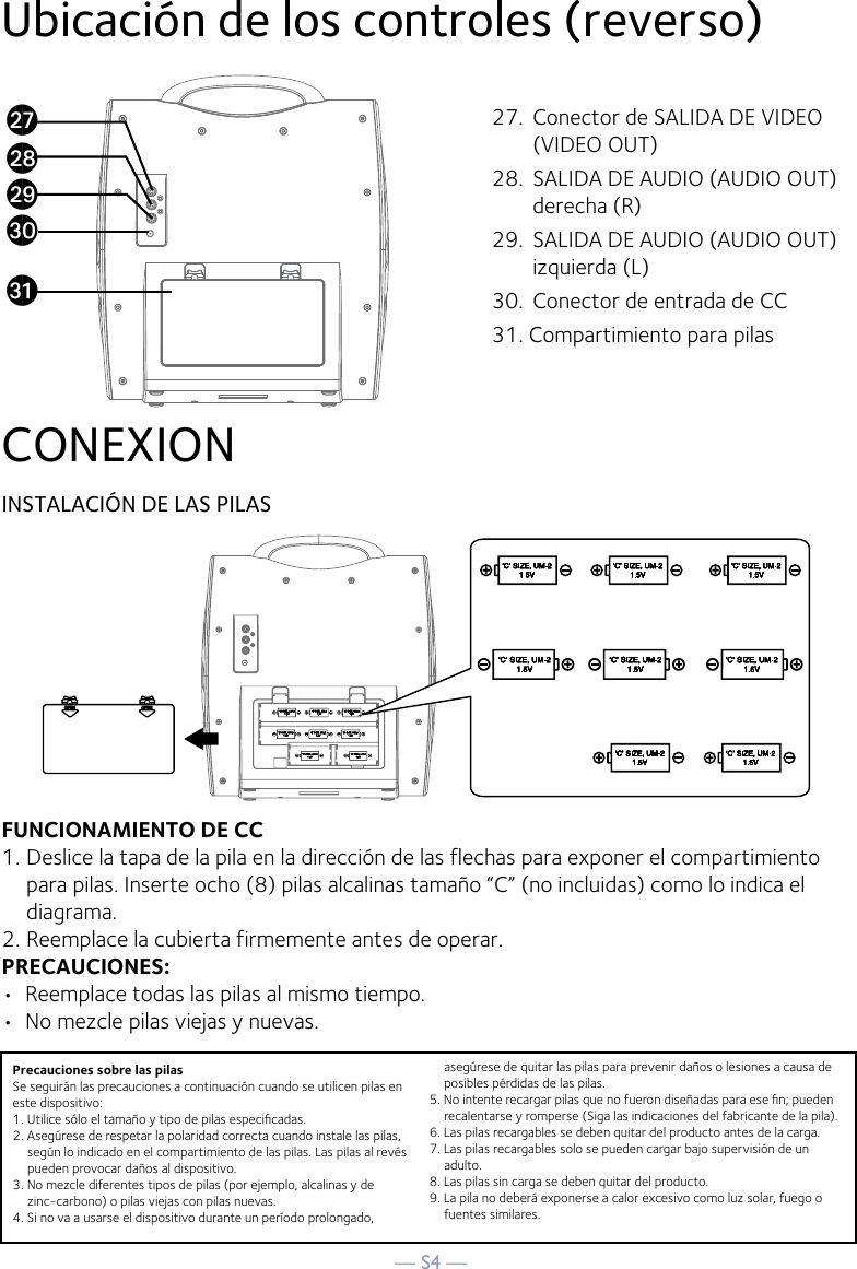 — S4 —INSTALACIÓN DE LAS PILASFUNCIONAMIENTO DE CC1.  Deslice la tapa de la pila en la dirección de las flechas para exponer el compartimiento para pilas. Inserte ocho (8) pilas alcalinas tamaño “C” (no incluidas) como lo indica el diagrama.2.  Reemplace la cubierta firmemente antes de operar.PRECAUCIONES:•  Reemplace todas las pilas al mismo tiempo.•  No mezcle pilas viejas y nuevas.Ubicación de los controles (reverso)CONEXION27.  Conector de SALIDA DE VIDEO (VIDEO OUT)28.  SALIDA DE AUDIO (AUDIO OUT) derecha (R)29.  SALIDA DE AUDIO (AUDIO OUT) izquierda (L)30.  Conector de entrada de CC31. Compartimiento para pilasPrecauciones sobre las pilasSe seguirán las precauciones a continuación cuando se utilicen pilas en este dispositivo:1. Utilice sólo el tamaño y tipo de pilas especiﬁcadas.2. Asegúrese de respetar la polaridad correcta cuando instale las pilas, según lo indicado en el compartimiento de las pilas. Las pilas al revés pueden provocar daños al dispositivo.3. No mezcle diferentes tipos de pilas (por ejemplo, alcalinas y de zinc-carbono) o pilas viejas con pilas nuevas.4. Si no va a usarse el dispositivo durante un período prolongado, asegúrese de quitar las pilas para prevenir daños o lesiones a causa de posibles pérdidas de las pilas.5. No intente recargar pilas que no fueron diseñadas para ese ﬁn; pueden recalentarse y romperse (Siga las indicaciones del fabricante de la pila).6. Las pilas recargables se deben quitar del producto antes de la carga.7. Las pilas recargables solo se pueden cargar bajo supervisión de un adulto.8. Las pilas sin carga se deben quitar del producto.9. La pila no deberá exponerse a calor excesivo como luz solar, fuego o fuentes similares.bqbrbsctck