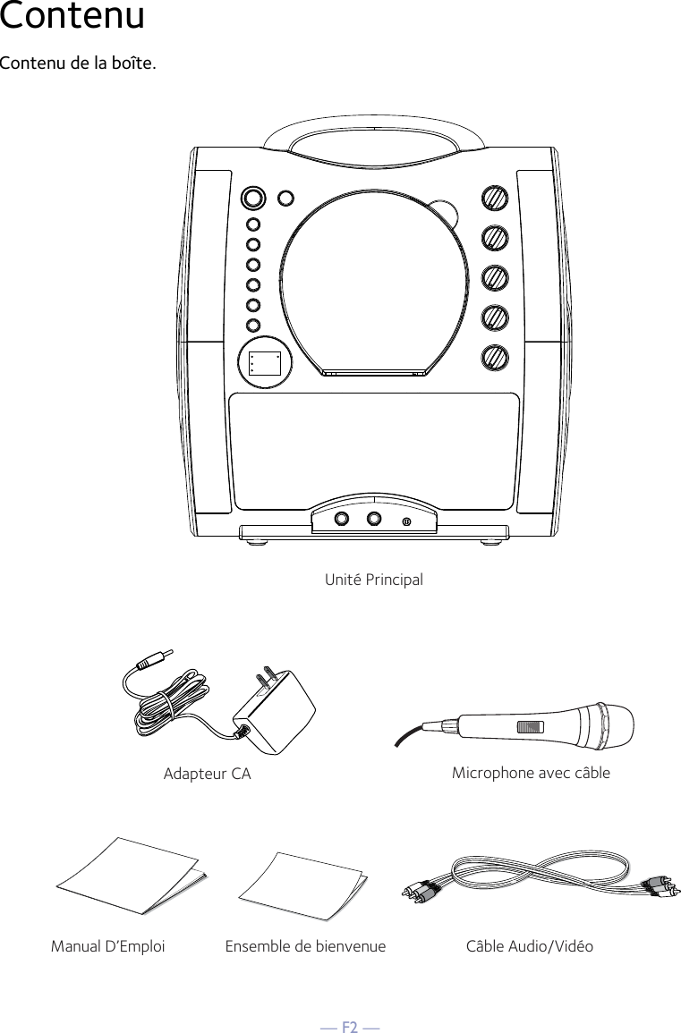 — F2 —ContenuContenu de la boîte.Microphone avec câbleUnité PrincipalCâble Audio/VidéoAdapteur CAManual D’Emploi Ensemble de bienvenue