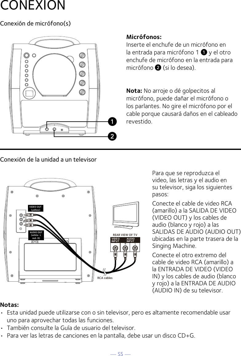 — S5 —CONEXIONConexión de micrófono(s)Micrófonos:Inserte el enchufe de un micrófono en la entrada para micrófono 1 u y el otro enchufe de micrófono en la entrada para micrófono v (si lo desea). Nota: No arroje o dé golpecitos al micrófono, puede dañar el micrófono o los parlantes. No gire el micrófono por el cable porque causará daños en el cableado revestido.Conexión de la unidad a un televisorVIDEOINPUTAUDIOINPUTR LRCA cablesVIDEO OUT (yellow)AUDIO OUT(white- Lred- R)REAR VIEW OF TVPara que se reproduzca el video, las letras y el audio en su televisor, siga los siguientes pasos: Conecte el cable de video RCA (amarillo) a la SALIDA DE VIDEO (VIDEO OUT) y los cables de audio (blanco y rojo) a las SALIDAS DE AUDIO (AUDIO OUT) ubicadas en la parte trasera de la Singing Machine.Conecte el otro extremo del cable de video RCA (amarillo) a la ENTRADA DE VIDEO (VIDEO IN) y los cables de audio (blanco y rojo) a la ENTRADA DE AUDIO (AUDIO IN) de su televisor.Notas:  •  Esta unidad puede utilizarse con o sin televisor, pero es altamente recomendable usar uno para aprovechar todas las funciones.•  También consulte la Guía de usuario del televisor. •  Para ver las letras de canciones en la pantalla, debe usar un disco CD+G.uv