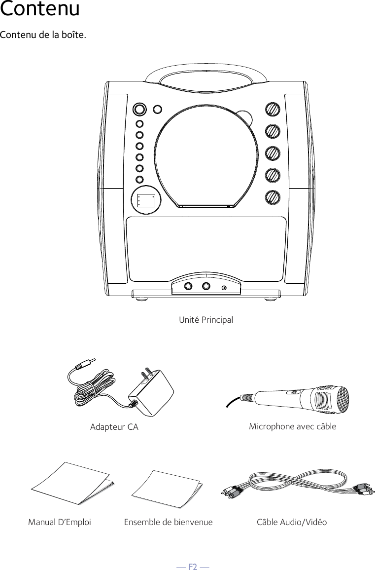 — F2 —ContenuContenu de la boîte.Microphone avec câbleUnité PrincipalCâble Audio/VidéoAdapteur CAManual D’Emploi Ensemble de bienvenue