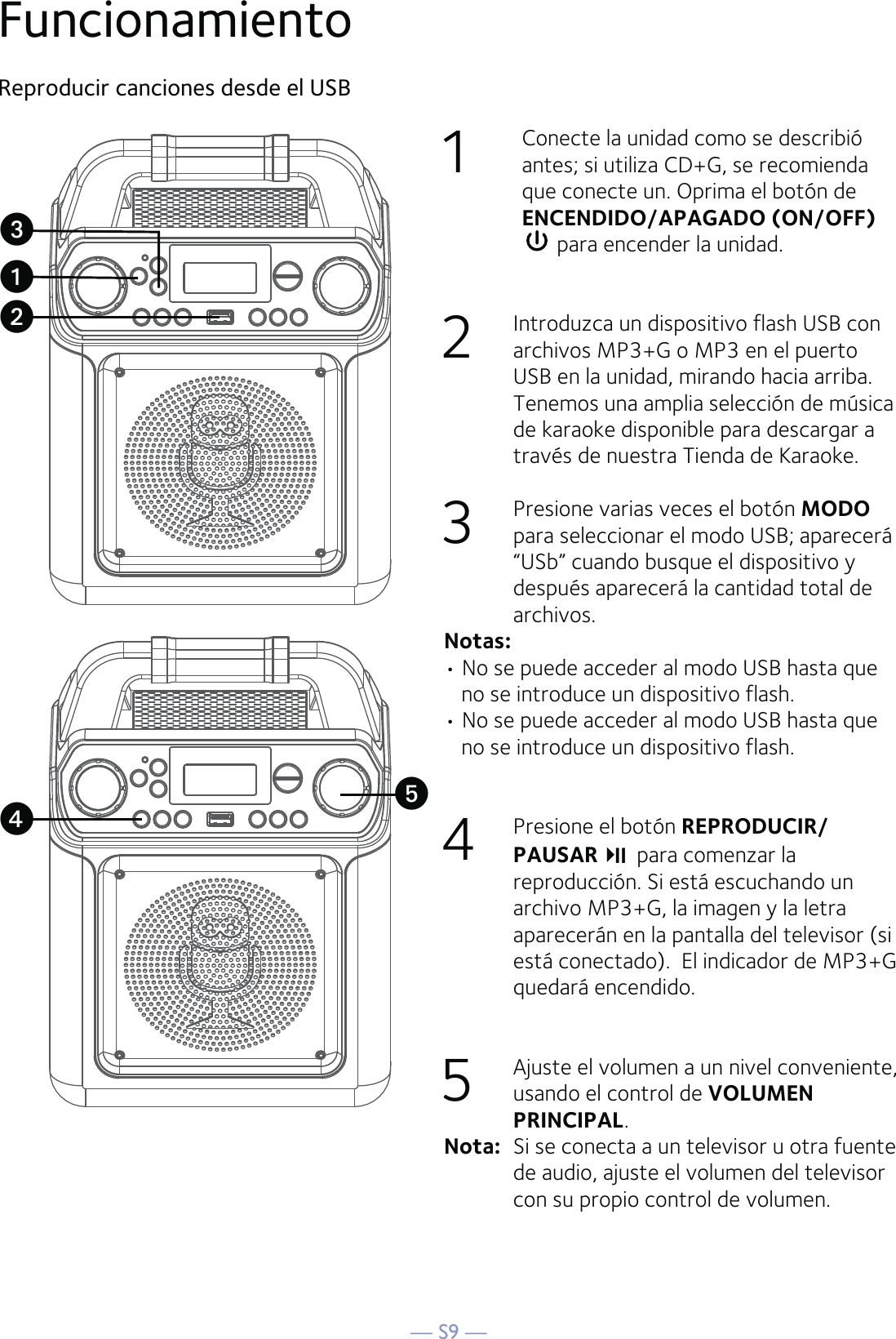 — S9 —Funcionamiento1  Conecte la unidad como se describió antes; si utiliza CD+G, se recomienda que conecte un. Oprima el botón de ENCENDIDO/APAGADO (ON/OFF)  para encender la unidad.2  Introduzca un dispositivo flash USB con archivos MP3+G o MP3 en el puerto USB en la unidad, mirando hacia arriba. Tenemos una amplia selección de música de karaoke disponible para descargar a través de nuestra Tienda de Karaoke.3  Presione varias veces el botón MODO para seleccionar el modo USB; aparecerá “USb” cuando busque el dispositivo y después aparecerá la cantidad total de archivos.Notas:  • No se puede acceder al modo USB hasta que no se introduce un dispositivo flash.• No se puede acceder al modo USB hasta que no se introduce un dispositivo flash.4  Presione el botón REPRODUCIR/PAUSAR   para comenzar la reproducción. Si está escuchando un archivo MP3+G, la imagen y la letra aparecerán en la pantalla del televisor (si está conectado).  El indicador de MP3+G quedará encendido.5  Ajuste el volumen a un nivel conveniente, usando el control de VOLUMEN PRINCIPAL.        Nota:  Si se conecta a un televisor u otra fuente de audio, ajuste el volumen del televisor con su propio control de volumen.Reproducir canciones desde el USBuvywx