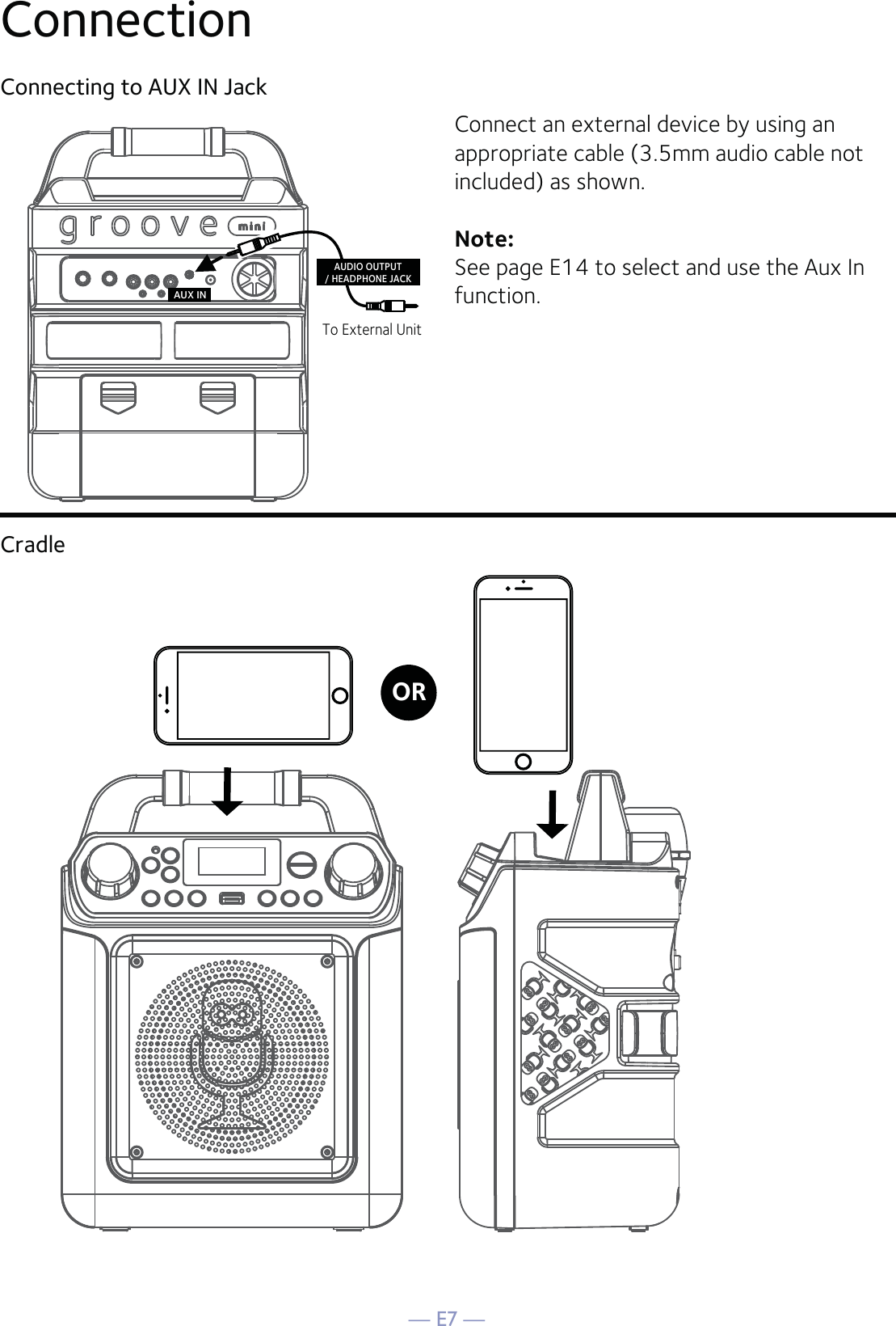 — E7 —ConnectionConnecting to AUX IN JackCradleConnect an external device by using an appropriate cable (3.5mm audio cable not included) as shown.Note: See page E14 to select and use the Aux In function.AUX INTo External UnitAUDIO OUTPUT/ HEADPHONE JACKOR