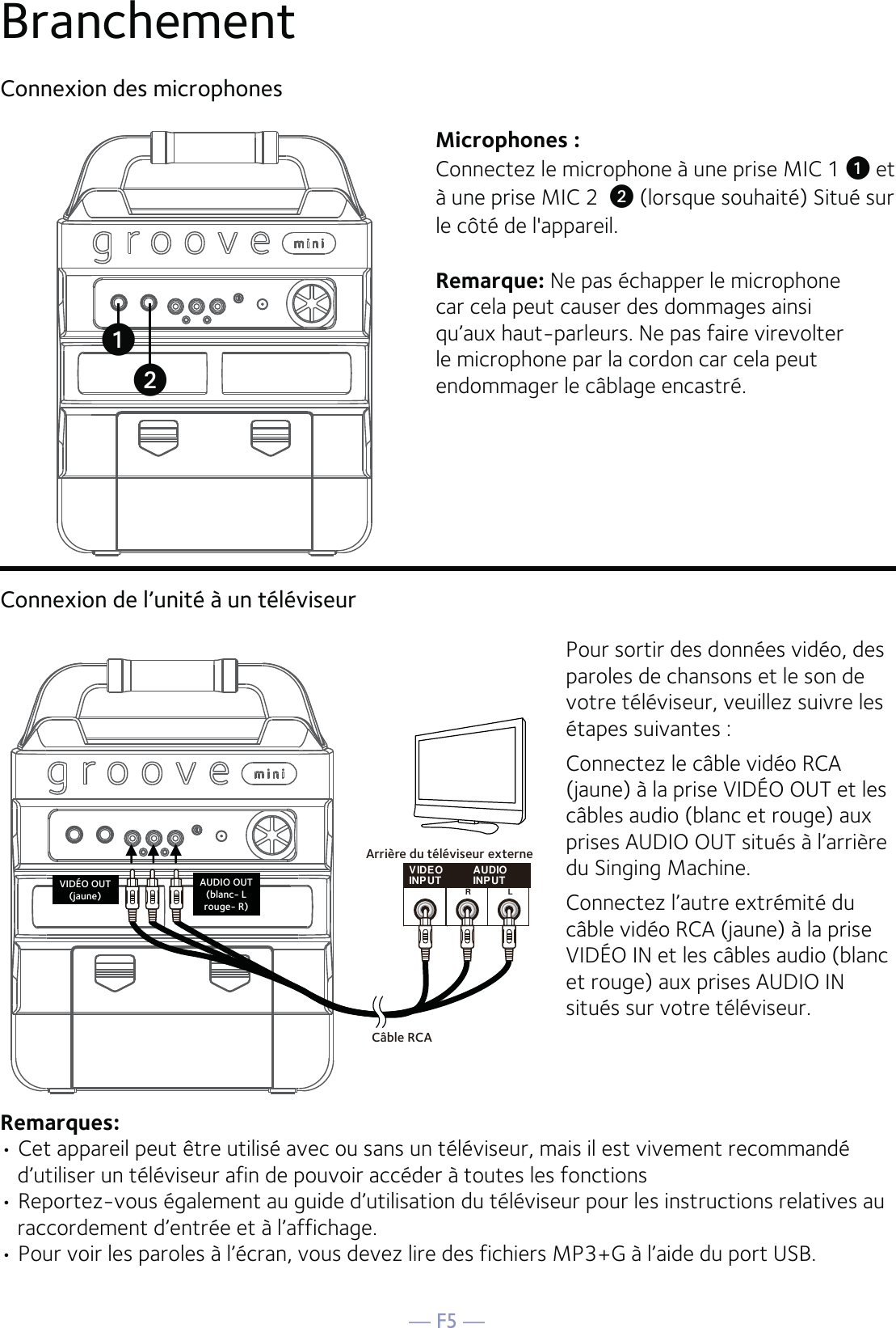 — F5 —Branchement Connexion des microphonesMicrophones :Connectez le microphone à une prise MIC 1 u et à une prise MIC 2  v (lorsque souhaité) Situé sur le côté de l&apos;appareil.Remarque: Ne pas échapper le microphone car cela peut causer des dommages ainsi qu’aux haut-parleurs. Ne pas faire virevolter le microphone par la cordon car cela peut endommager le câblage encastré.Connexion de l’unité à un téléviseurVIDEOINPUT AUDIOINPUTRLCâble RCAVIDÉO OUT(jaune)AUDIO OUT(blanc- Lrouge- R)Arrière du téléviseur externePour sortir des données vidéo, des paroles de chansons et le son de votre téléviseur, veuillez suivre les étapes suivantes : Connectez le câble vidéo RCA (jaune) à la prise VIDÉO OUT et les câbles audio (blanc et rouge) aux prises AUDIO OUT situés à l’arrière du Singing Machine.Connectez l’autre extrémité du câble vidéo RCA (jaune) à la prise VIDÉO IN et les câbles audio (blanc et rouge) aux prises AUDIO IN situés sur votre téléviseur.Remarques: • Cet appareil peut être utilisé avec ou sans un téléviseur, mais il est vivement recommandé d’utiliser un téléviseur afin de pouvoir accéder à toutes les fonctions• Reportez-vous également au guide d’utilisation du téléviseur pour les instructions relatives au raccordement d’entrée et à l’affichage.• Pour voir les paroles à l’écran, vous devez lire des fichiers MP3+G à l’aide du port USB.vu