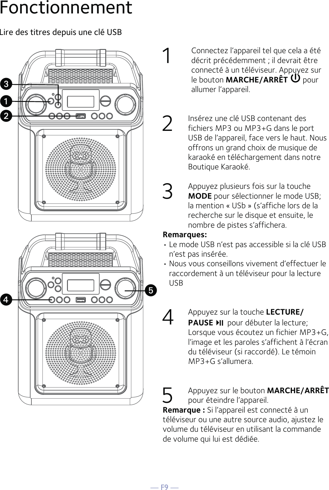 — F9 —Fonctionnement1  Connectez l’appareil tel que cela a été décrit précédemment ; il devrait être connecté à un téléviseur. Appuyez sur le bouton MARCHE/ARRÊT  pour allumer l’appareil.2  Insérez une clé USB contenant des fichiers MP3 ou MP3+G dans le port USB de l’appareil, face vers le haut. Nous offrons un grand choix de musique de karaoké en téléchargement dans notre Boutique Karaoké.3  Appuyez plusieurs fois sur la touche MODE pour sélectionner le mode USB; la mention « USb » (s’affiche lors de la recherche sur le disque et ensuite, le nombre de pistes s’affichera.Remarques:• Le mode USB n’est pas accessible si la clé USB n’est pas insérée.• Nous vous conseillons vivement d’effectuer le raccordement à un téléviseur pour la lecture USB4  Appuyez sur la touche LECTURE/PAUSE   pour débuter la lecture; Lorsque vous écoutez un fichier MP3+G, l’image et les paroles s’affichent à l’écran du téléviseur (si raccordé). Le témoin MP3+G s’allumera.5  Appuyez sur le bouton MARCHE/ARRÊT pour éteindre l’appareil.  Remarque : Si l’appareil est connecté à un téléviseur ou une autre source audio, ajustez le volume du téléviseur en utilisant la commande de volume qui lui est dédiée.Lire des titres depuis une clé USBuvywx