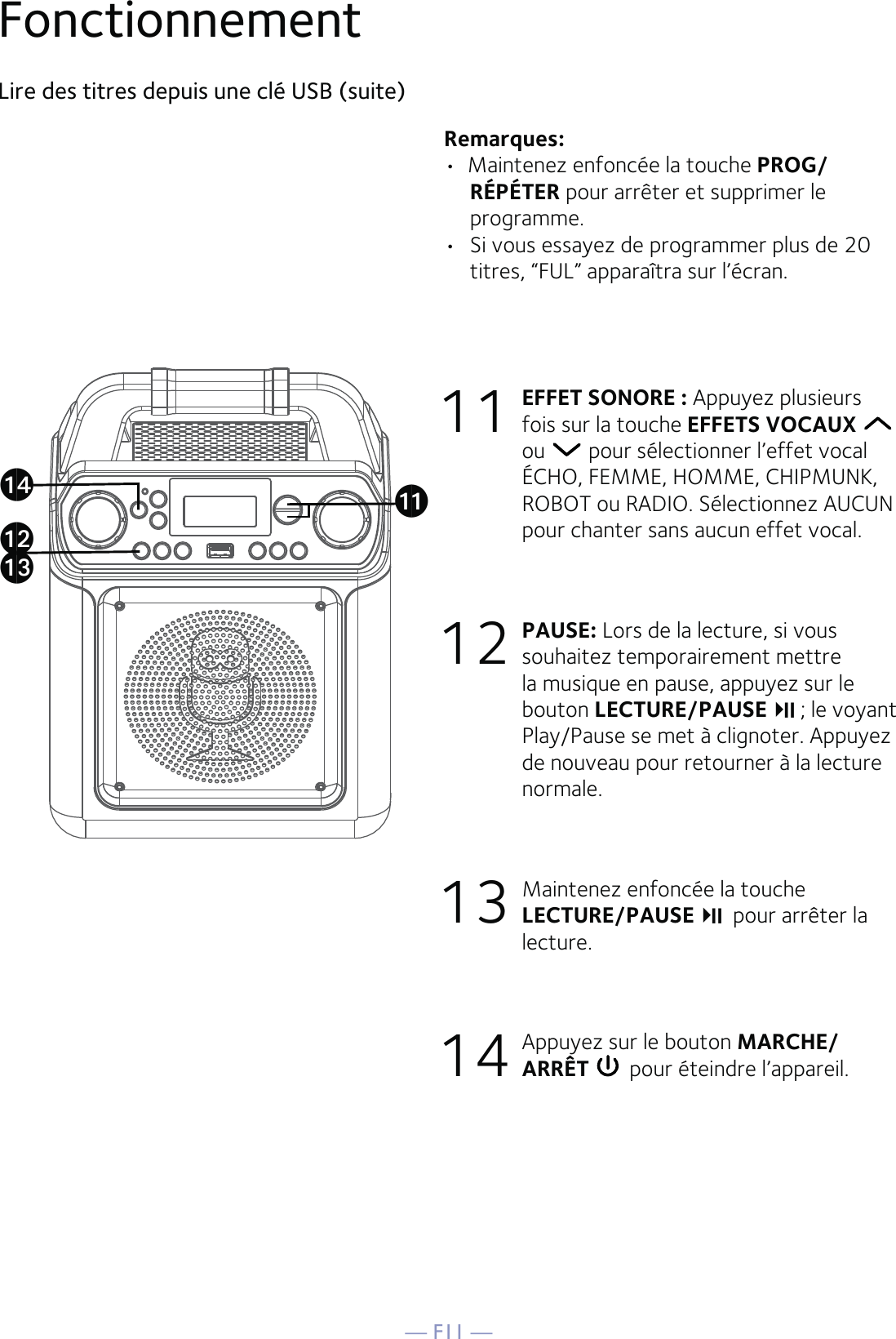 — F11 —Lire des titres depuis une clé USB (suite)Remarques:  •  Maintenez enfoncée la touche PROG/RÉPÉTER pour arrêter et supprimer le programme.•  Si vous essayez de programmer plus de 20 titres, “FUL” apparaîtra sur l’écran.11  EFFET SONORE : Appuyez plusieurs fois sur la touche EFFETS VOCAUX  ou   pour sélectionner l’effet vocal ÉCHO, FEMME, HOMME, CHIPMUNK, ROBOT ou RADIO. Sélectionnez AUCUN pour chanter sans aucun effet vocal. 12 PAUSE: Lors de la lecture, si vous souhaitez temporairement mettre la musique en pause, appuyez sur le bouton LECTURE/PAUSE  ; le voyant Play/Pause se met à clignoter. Appuyez de nouveau pour retourner à la lecture normale.  13  Maintenez enfoncée la touche LECTURE/PAUSE   pour arrêter la lecture.14  Appuyez sur le bouton MARCHE/ARRÊT  pour éteindre l’appareil.Fonctionnementalakanam