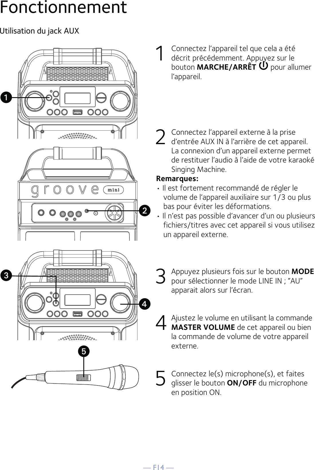 — F14 —FonctionnementUtilisation du jack AUX 1  Connectez l’appareil tel que cela a été décrit précédemment. Appuyez sur le bouton MARCHE/ARRÊT  pour allumer l’appareil. 2   Connectez l’appareil externe à la prise d’entrée AUX IN à l’arrière de cet appareil. La connexion d’un appareil externe permet de restituer l’audio à l’aide de votre karaoké Singing Machine.Remarques:• Il est fortement recommandé de régler le volume de l’appareil auxiliaire sur 1/3 ou plus bas pour éviter les déformations.• Il n’est pas possible d’avancer d’un ou plusieurs fichiers/titres avec cet appareil si vous utilisez un appareil externe.3  Appuyez plusieurs fois sur le bouton MODE pour sélectionner le mode LINE IN ; “AU” apparait alors sur l’écran.4  Ajustez le volume en utilisant la commande MASTER VOLUME de cet appareil ou bien la commande de volume de votre appareil externe.5  Connectez le(s) microphone(s), et faites glisser le bouton ON/OFF du microphone en position ON.uxvyw