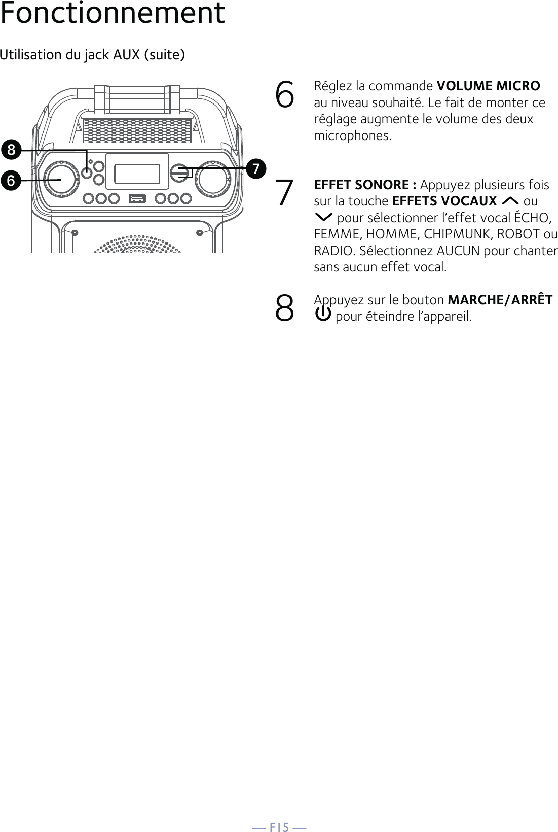 — F15 —Utilisation du jack AUX (suite)6  Réglez la commande VOLUME MICRO au niveau souhaité. Le fait de monter ce réglage augmente le volume des deux microphones.7  EFFET SONORE : Appuyez plusieurs fois sur la touche EFFETS VOCAUX  ou  pour sélectionner l’effet vocal ÉCHO, FEMME, HOMME, CHIPMUNK, ROBOT ou RADIO. Sélectionnez AUCUN pour chanter sans aucun effet vocal. 8  Appuyez sur le bouton MARCHE/ARRÊT  pour éteindre l’appareil.UWVFonctionnement