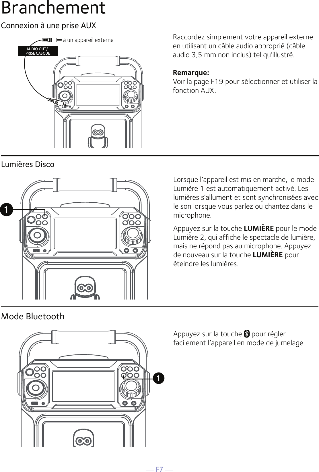 — F7 —Branchement Connexion à une prise AUXRaccordez simplement votre appareil externe en utilisant un câble audio approprié (câble audio 3,5 mm non inclus) tel qu’illustré.Remarque: Voir la page F19 pour sélectionner et utiliser la fonction AUX.à un appareil externeAUDIO OUT/ PRISE CASQUEMode BluetoothAppuyez sur la touche   pour régler facilement l’appareil en mode de jumelage.uLumières DiscoLorsque l’appareil est mis en marche, le mode Lumière 1 est automatiquement activé. Les lumières s’allument et sont synchronisées avec le son lorsque vous parlez ou chantez dans le microphone.Appuyez sur la touche LUMIÈRE pour le mode Lumière 2, qui affiche le spectacle de lumière, mais ne répond pas au microphone. Appuyez de nouveau sur la touche LUMIÈRE pour éteindre les lumières.u