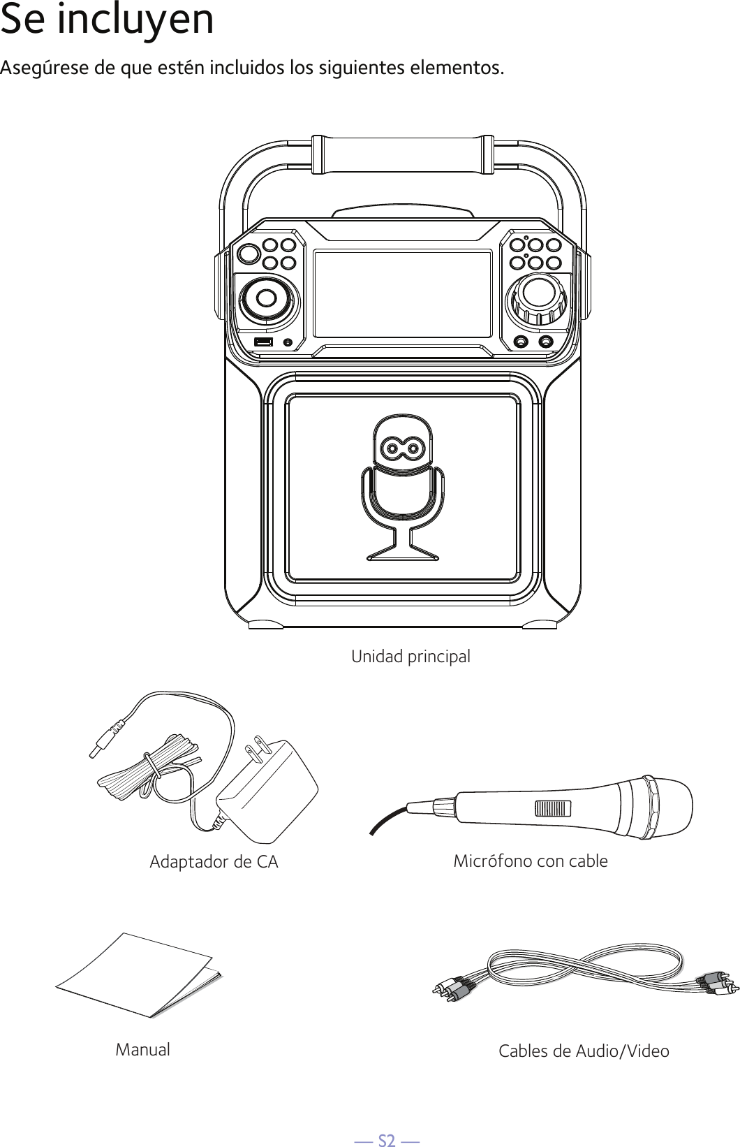 — S2 —Se incluyenAsegúrese de que estén incluidos los siguientes elementos.Micrófono con cableUnidad principalCables de Audio/VideoAdaptador de CAManual