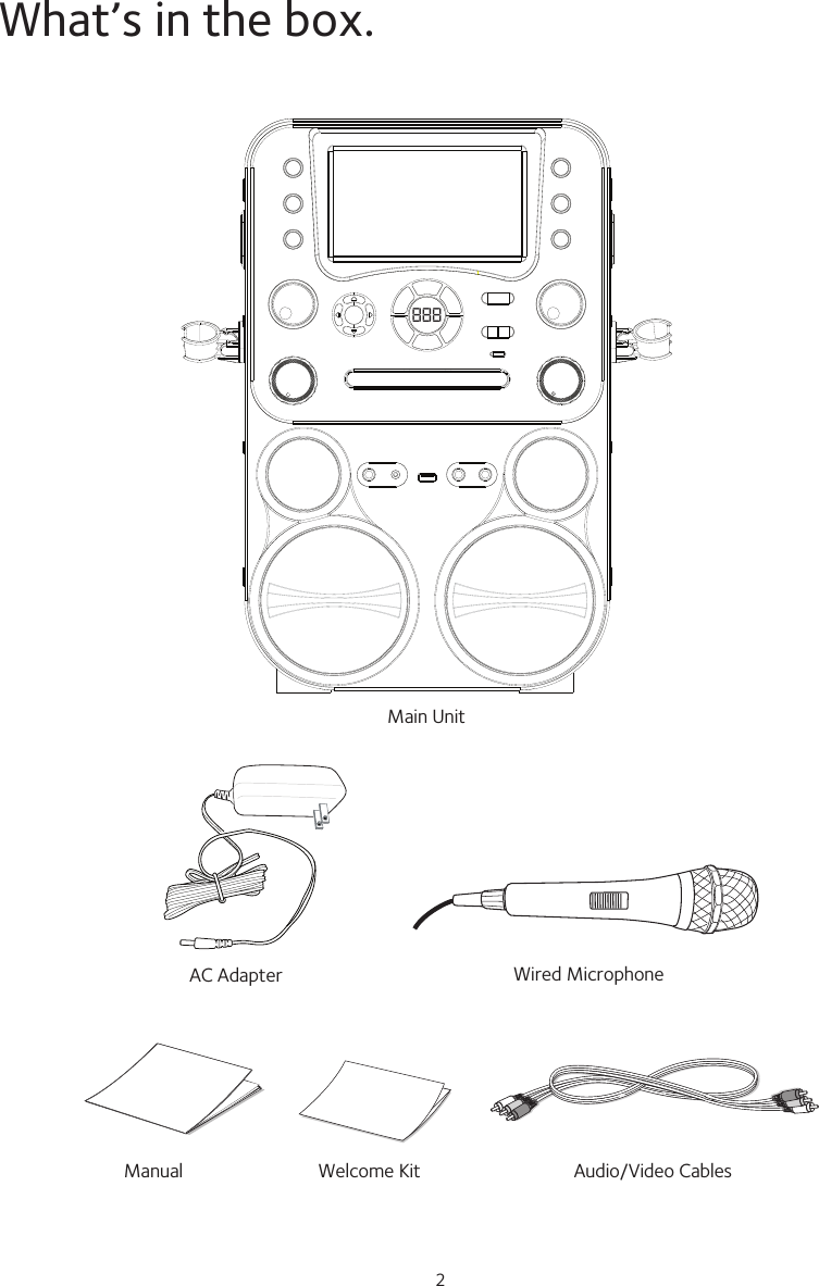 2What’s in the box.Wired MicrophoneMain UnitAC AdapterAudio/Video CablesManual Welcome Kit888