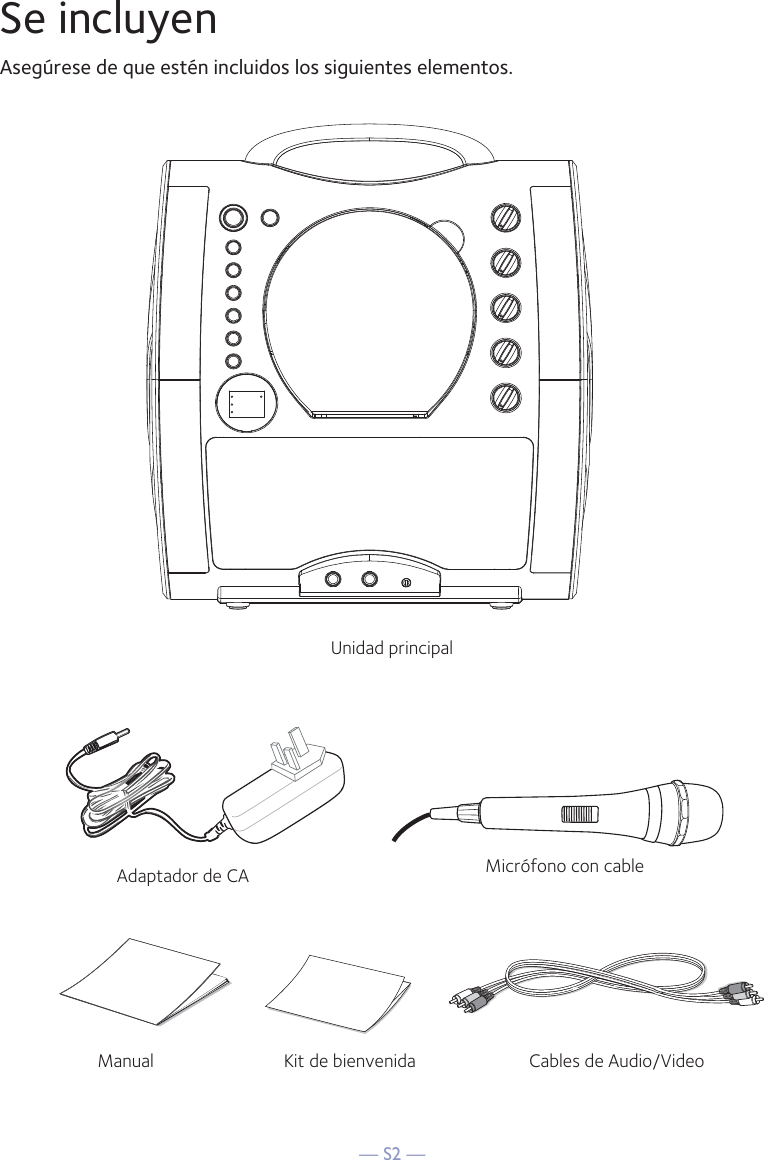 — S2 —Se incluyenAsegúrese de que estén incluidos los siguientes elementos.Micrófono con cableUnidad principalCables de Audio/VideoManual Kit de bienvenidaAdaptador de CA