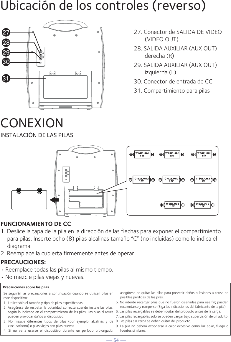 — S4 —INSTALACIÓN DE LAS PILASFUNCIONAMIENTO DE CC1. Deslice la tapa de la pila en la dirección de las flechas para exponer el compartimiento para pilas. Inserte ocho (8) pilas alcalinas tamaño “C” (no incluidas) como lo indica el diagrama.2. Reemplace la cubierta firmemente antes de operar.PRECAUCIONES:• Reemplace todas las pilas al mismo tiempo.• No mezcle pilas viejas y nuevas.Ubicación de los controles (reverso)CONEXION27. Conector de SALIDA DE VIDEO (VIDEO OUT)28. SALIDA AUXILIAR (AUX OUT) derecha (R)29. SALIDA AUXILIAR (AUX OUT) izquierda (L)30. Conector de entrada de CC31. Compartimiento para pilasSe seguirán las precauciones a continuación cuando se utilicen pilas en este dispositivo: 1.  Utilice sólo el tamaño y tipo de pilas especiﬁcadas.2. Asegúrese de respetar la polaridad correcta cuando instale las pilas, según lo indicado en el compartimiento de las pilas. Las pilas al revés pueden provocar daños al dispositivo.3. No mezcle diferentes tipos de pilas (por ejemplo, alcalinas y de zinc-carbono) o pilas viejas con pilas nuevas.4. Si no va a usarse el dispositivo durante un período prolongado, asegúrese de quitar las pilas para prevenir daños o lesiones a causa de posibles pérdidas de las pilas.5. No intente recargar pilas que no fueron diseñadas para ese ﬁn; pueden recalentarse y romperse (Siga las indicaciones del fabricante de la pila).6. Las pilas recargables se deben quitar del producto antes de la carga.7. Las pilas recargables solo se pueden cargar bajo supervisión de un adulto.8. Las pilas sin carga se deben quitar del producto.9. La pila no deberá exponerse a calor excesivo como luz solar, fuego o fuentes similares.bqbrbsctckPrecauciones sobre las pilas