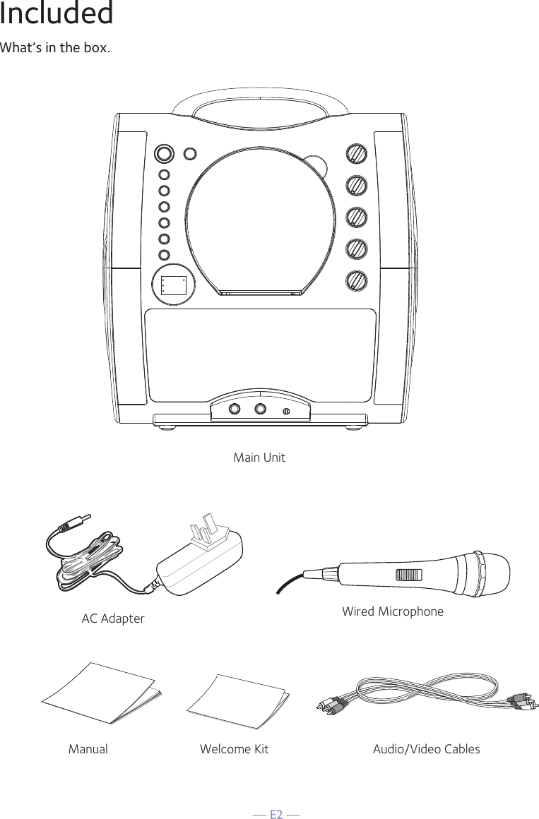 — E2 —IncludedWhat’s in the box.Wired MicrophoneMain UnitAudio/Video CablesManual Welcome KitAC Adapter