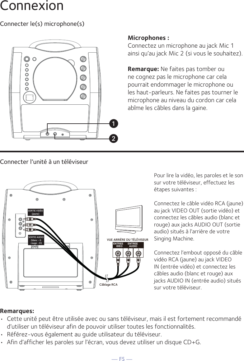 — F5 —ConnexionConnecter le(s) microphone(s)Microphones :Connectez un microphone au jack Mic 1 ainsi qu’au jack Mic 2 (si vous le souhaitez). Remarque: Ne faites pas tomber ou ne cognez pas le microphone car cela pourrait endommager le microphone ou les haut-parleurs. Ne faites pas tourner le microphone au niveau du cordon car cela abîme les câbles dans la gaine.Connecter l’unité à un téléviseurENTREEIDEO ENTREEAUDIORLCâblage RCASORTIE VIDÉO(jaune)SORTIE AUDIO (blanc - G rouge - D)VUE ARRIÈRE DU TÉLÉVISEURPour lire la vidéo, les paroles et le son sur votre téléviseur, effectuez les étapes suivantes : Connectez le câble vidéo RCA (jaune) au jack VIDEO OUT (sortie vidéo) et connectez les câbles audio (blanc et rouge) aux jacks AUDIO OUT (sortie audio) situés à l’arrière de votre Singing Machine.Connectez l’embout opposé du câble vidéo RCA (jaune) au jack VIDEO IN (entrée vidéo) et connectez les câbles audio (blanc et rouge) aux jacks AUDIO IN (entrée audio) situés sur votre téléviseur.Remarques: •  Cette unité peut être utilisée avec ou sans téléviseur, mais il est fortement recommandé d’utiliser un téléviseur afin de pouvoir utiliser toutes les fonctionnalités.•  Référez-vous également au guide utilisateur du téléviseur. •  Afin d’afficher les paroles sur l’écran, vous devez utiliser un disque CD+G.uv