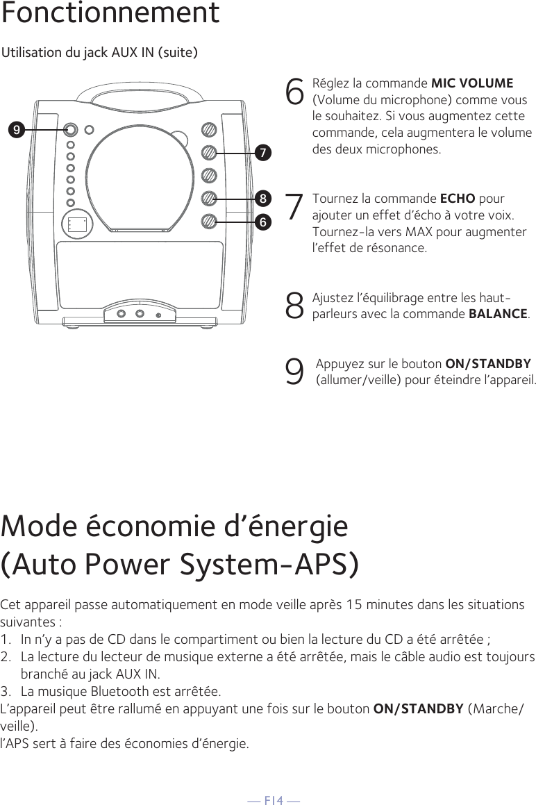 — F14 —FonctionnementUtilisation du jack AUX IN (suite)6  Réglez la commande MIC VOLUME (Volume du microphone) comme vous le souhaitez. Si vous augmentez cette commande, cela augmentera le volume des deux microphones.7  Tournez la commande ECHO pour ajouter un effet d’écho à votre voix. Tournez-la vers MAX pour augmenter l’effet de résonance.8  Ajustez l’équilibrage entre les haut-parleurs avec la commande BALANCE.9 Appuyez sur le bouton ON/STANDBY (allumer/veille) pour éteindre l’appareil.WV XUMode économie d’énergie(Auto Power System-APS)Cet appareil passe automatiquement en mode veille après 15 minutes dans les situationssuivantes :1.   In n’y a pas de CD dans le compartiment ou bien la lecture du CD a été arrêtée ;2.   La lecture du lecteur de musique externe a été arrêtée, mais le câble audio est toujours branché au jack AUX IN.3.   La musique Bluetooth est arrêtée.L’appareil peut être rallumé en appuyant une fois sur le bouton ON/STANDBY (Marche/veille).l’APS sert à faire des économies d’énergie.