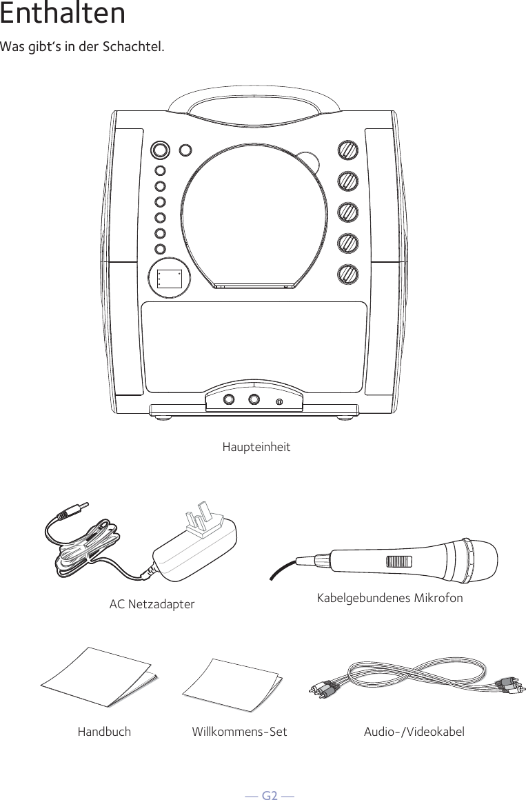 — G2 —EnthaltenWas gibt‘s in der Schachtel.Kabelgebundenes MikrofonHaupteinheitAudio-/VideokabelHandbuch Willkommens-SetAC Netzadapter