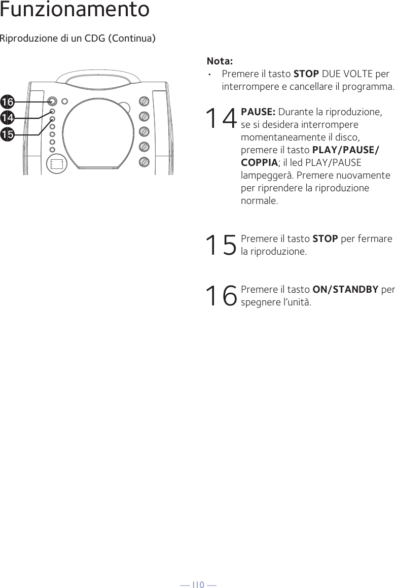 — I10 —apanaoFunzionamentoRiproduzione di un CDG (Continua)Nota: •  Premere il tasto STOP DUE VOLTE per interrompere e cancellare il programma.14 PAUSE: Durante la riproduzione, se si desidera interrompere momentaneamente il disco, premere il tasto PLAY/PAUSE/COPPIA; il led PLAY/PAUSE lampeggerà. Premere nuovamente per riprendere la riproduzione normale.15 Premere il tasto STOP per fermare la riproduzione.16 Premere il tasto ON/STANDBY per spegnere l’unità.