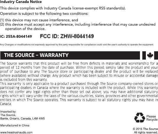 THE SOURCE – WARRANTY&apos;$$*%;)8$Q\&amp;KDQJHVRUPRGLILFDWLRQVQRWH[SUHVVO\DSSURYHGE\WKHSDUW\UHVSRQVLEOHIRUFRPSOLDQFHFRXOGYRLGWKHXVHUVDXWKRULW\WRRSHUDWHWKHHTXLSPHQW