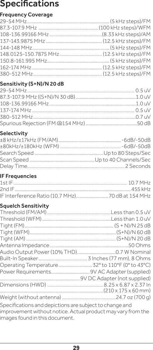 29SpecicationsFrequency Coverage29-54 MHz .................................................................. (5 kHz steps)/FM87.3-107.9 MHz  ................................................ (100 kHz steps)/WFM108-136.99166 MHz ..........................................(8.33 kHz steps)/AM137-143.9875 MHz ............................................. (12.5 kHz steps)/FM144-148 MHz ..............................................................(5 kHz steps)/FM148.0125-150.7875 MHz .................................. (12.5 kHz steps)/FM150.8-161.995 MHz ..................................................(5 kHz steps)/FM162-174 MHz ........................................................ (12.5 kHz steps)/FM380-512 MHz ....................................................... (12.5 kHz steps)/FMSensitivity (S+N)/N 20 dB29-54 MHz ...................................................................................... 0.5 uV87.3-107.9 MHz ((S+N)/N 30 dB) ................................................1.0 uV108-136.99166 MHz .....................................................................1.0 uV137-174 MHz .................................................................................. 0.5 uV380-512 MHz ..................................................................................0.7 uVSpurious Rejection (FM @154 MHz) .........................................50 dBSelectivity±8 kHz/±17kHz (FM/AM) .................................................. -6dB/-50dB±80kHz/±180kHz (WFM) ................................................. -6dB/-50dBSearch Speed .......................................................Up to 80 Steps/SecScan Speed ....................................................Up to 40 Channels/SecDelay Time.............................................................................. 2 SecondsIF Frequencies1st IF ........................................................................................... 10.7 MHz2nd IF .............................................................................................455 kHzIF Interference Ratio (10.7 MHz)..........................70 dB at 154 MHzSquelch SensitivityThreshold (FM/AM) ...................................................Less than 0.5 uVThreshold (WFM) .......................................................Less than 1.0 uVTight (FM) ....................................................................... (S + N)/N 25 dBTight (WFM) ..................................................................... (S+N)/N 60 dBTight (AM) ........................................................................ (S+N)/N 20 dBAntenna Impedance ...............................................................50 OhmsAudio Output Power (10% THD) ...............................0.7 W NominalBuilt-In Speaker ....................................... 3 Inches (77 mm), 8 OhmsOperating Temperature ...........................32° to 110°F (0° to 43°C)Power Requirements............................... 9V AC Adapter (supplied)................................................................ 9V DC Adapter (not supplied)Dimensions (HWD) .............................................8.25 x 6.87 x 2.37 In  ...................................................................................(210 x 175 x 60 mm)Weight (without antenna) ...........................................24.7 oz (700 g)Specications and depictions are subject to change and improvement without notice. Actual product may vary from the images found in this document.