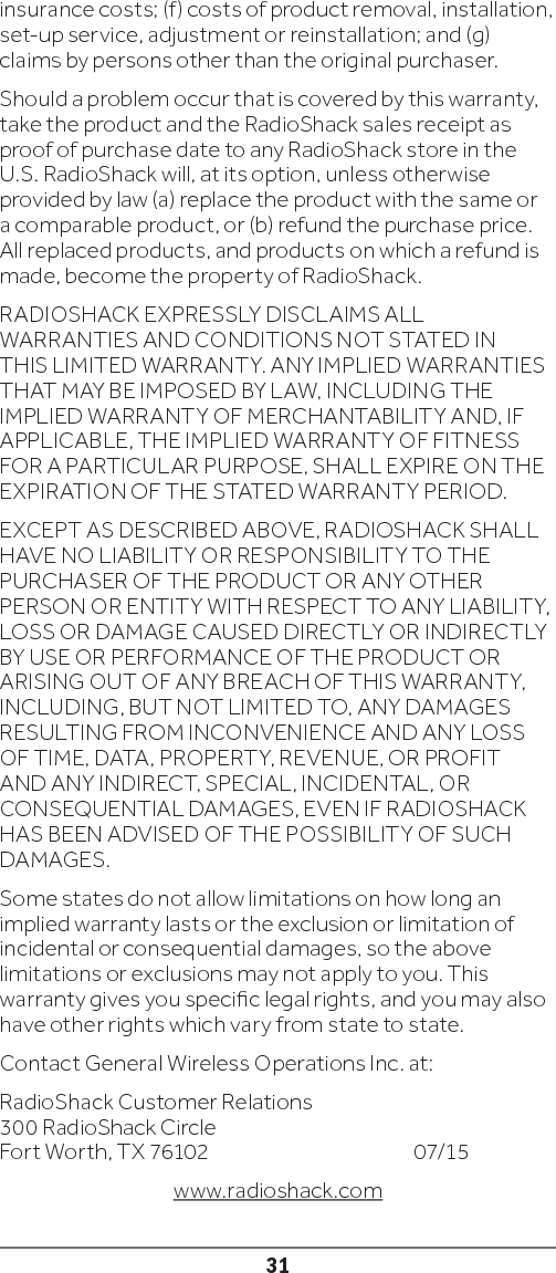 (Rev.B)Printed in Philippines© 2015 General Wireless Operations Inc.  All rights reserved. RadioShack is a registered trademark used under license by General Wireless Operations Inc. dba RadioShack.2000650   12B15