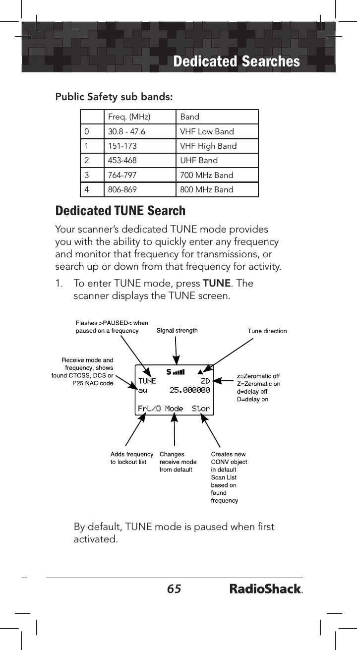 6465Dedicated SearchesPublic Safety sub bands:Freq. (MHz) Band0 30.8 - 47.6 VHF Low Band1 151-173 VHF High Band2 453-468 UHF Band3 764-797 700 MHz Band4 806-869 800 MHz BandDedicated TUNE SearchYour scanner’s dedicated TUNE mode provides you with the ability to quickly enter any frequency and monitor that frequency for transmissions, or search up or down from that frequency for activity.1.  To enter TUNE mode, press TUNE. The scanner displays the TUNE screen.  By default, TUNE mode is paused when ﬁrst activated. 