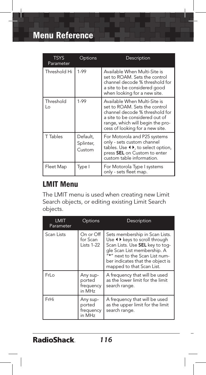 116Menu Reference117TSYS ParameterOptions DescriptionThreshold Hi 1-99 Available When Multi-Site is set to ROAM. Sets the control channel decode % threshold for a site to be considered good when looking for a new site.Threshold Lo1-99 Available When Multi-Site is set to ROAM. Sets the control channel decode % threshold for a site to be considered out of range, which will begin the pro-cess of looking for a new site.T Tables Default, Splinter, CustomFor Motorola and P25 systems only - sets custom channel tables. Use  , to select option, press SEL on Custom to enter custom table information.Fleet Map Type I For Motorola Type I systems only - sets ﬂeet map.LMIT MenuThe LMIT menu is used when creating new Limit Search objects, or editing existing Limit Search objects. LMIT ParameterOptions DescriptionScan Lists On or Off for Scan Lists 1-22Sets membership in Scan Lists. Use   keys to scroll through Scan Lists. Use SEL key to tog-gle Scan List membership. A “*” next to the Scan List num-ber indicates that the object is mapped to that Scan List.FrLo Any sup-ported frequency in MHzA frequency that will be used as the lower limit for the limit search range.FrHi Any sup-ported frequency in MHzA frequency that will be used as the upper limit for the limit search range.