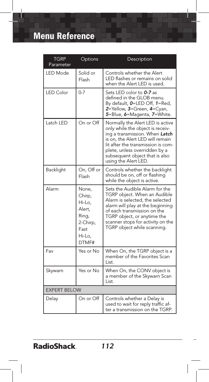 112Menu Reference113TGRP  ParameterOptions DescriptionLED Mode Solid or FlashControls whether the Alert LED ﬂashes or remains on solid when the Alert LED is used.LED Color 0-7 Sets LED color to 0-7 as deﬁned in the GLOB menu. By default, 0=LED Off, 1=Red, 2=Yellow, 3=Green, 4=Cyan, 5=Blue, 6=Magenta, 7=White.Latch LED On or Off Normally the Alert LED is active only while the object is receiv-ing a transmission. When Latch is on, the Alert LED will remain lit after the transmission is com-plete, unless overridden by a subsequent object that is also using the Alert LED.Backlight On, Off or FlashControls whether the backlight should be on, off or ﬂashing while the object is active.Alarm None, Chirp,  Hi-Lo, Alert, Ring, 2-Chirp, Fast Hi-Lo, DTMF#Sets the Audible Alarm for the TGRP object. When an Audible Alarm is selected, the selected alarm will play at the beginning of each transmission on the TGRP object, or anytime the scanner stops for activity on the TGRP object while scanning.Fav Yes or No When On, the TGRP object is a member of the Favorites Scan List.Skywarn Yes or No When On, the CONV object is a member of the Skywarn Scan List.EXPERT BELOWDelay On or Off Controls whether a Delay is used to wait for reply trafﬁc af-ter a transmission on the TGRP.