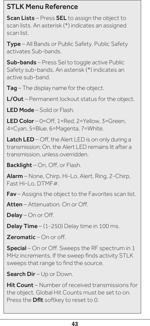 43STLK Menu ReferenceScan Lists – Press SEL to assign the object to scan lists. An asterisk (*) indicates an assigned scan list.Type – All Bands or Public Safety. Public Safety activates Sub-bands.Sub-bands – Press Sel to toggle active Public Safety sub-bands. An asterisk (*) indicates an active sub-band.Tag – The display name for the object.L/Out – Permanent lockout status for the object.LED Mode – Solid or Flash.LED Color – 0=Off, 1=Red, 2=Yellow, 3=Green, 4=Cyan, 5=Blue, 6=Magenta, 7=White.Latch LED – Off, the Alert LED is on only during a transmission; On, the Alert LED remains lit after a transmission, unless overridden.Backlight – On, Off, or Flash.Alarm – None, Chirp, Hi-Lo, Alert, Ring, 2-Chirp, Fast Hi-Lo, DTMF#.Fav – Assigns the object to the Favorites scan list.Atten – Attenuation. On or Off.Delay – On or Off.Delay Time – (1-250) Delay time in 100 ms.Zeromatic – On or off. Special – On or Off. Sweeps the RF spectrum in 1 MHz increments. If the sweep finds activity STLK sweeps that range to find the source.Search Dir – Up or Down.Hit Count – Number of received transmissions for the object. Global Hit Counts must be set to on. Press the Dflt softkey to reset to 0.