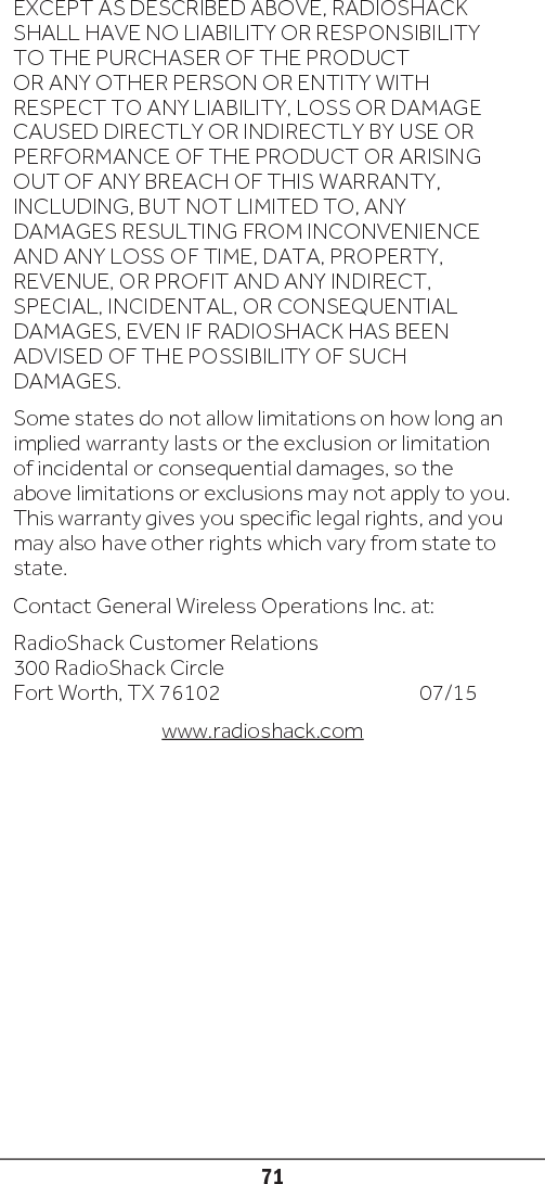 2000651Printed in Philippines (Rev.B)© 2015 General Wireless Operations Inc.  All rights reserved. RadioShack is a registered trademark used under license by General Wireless Operations Inc. dba RadioShack. 12B15