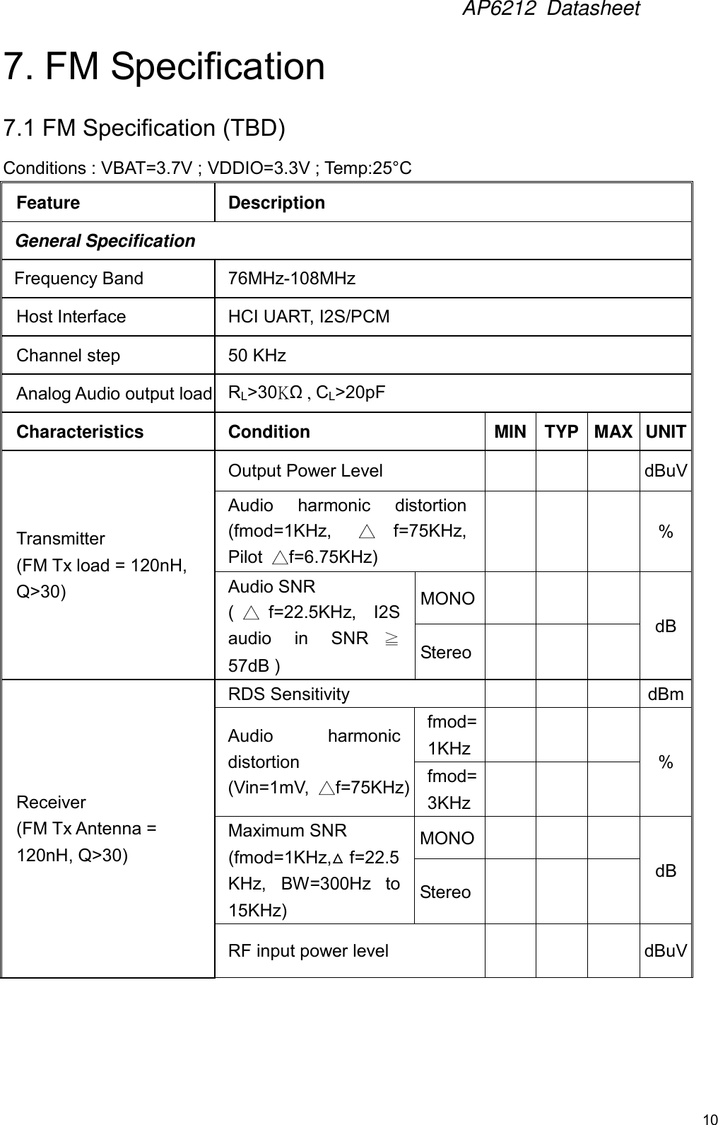 AP6212  Datasheet10 7. FM Specification7.1 FM Specification (TBD) Conditions : VBAT=3.7V ; VDDIO=3.3V ; Temp:25°CFeature Description General Specification Frequency Band 76MHz-108MHz Host Interface HCI UART, I2S/PCM Channel step 50 KHz Analog Audio output load RL&gt;30KΩ, CL&gt;20pF Characteristics Condition MIN TYP MAX UNIT Transmitter   (FM Tx load = 120nH, Q&gt;30)Output Power Level dBuV Audio  harmonic  distortion (fmod=1KHz,  △f=75KHz,Pilot  △f=6.75KHz) % Audio SNR (△f=22.5KHz,  I2Saudio  in  SNR ≧57dB ) MONO dB Stereo Receiver (FM Tx Antenna = 120nH, Q&gt;30) RDS Sensitivity dBm Audio  harmonic distortion (Vin=1mV,  △f=75KHz) fmod=1KHz % fmod=3KHz Maximum SNR (fmod=1KHz,△f=22.5KHz,  BW=300Hz  to 15KHz) MONO dB Stereo RF input power level dBuV 