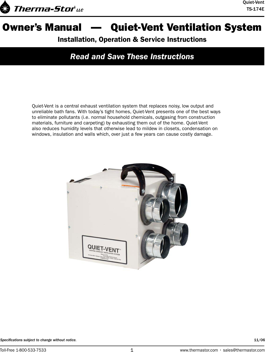 Therma Stor Products Group Quiet Vent Ventilation System Users Manual