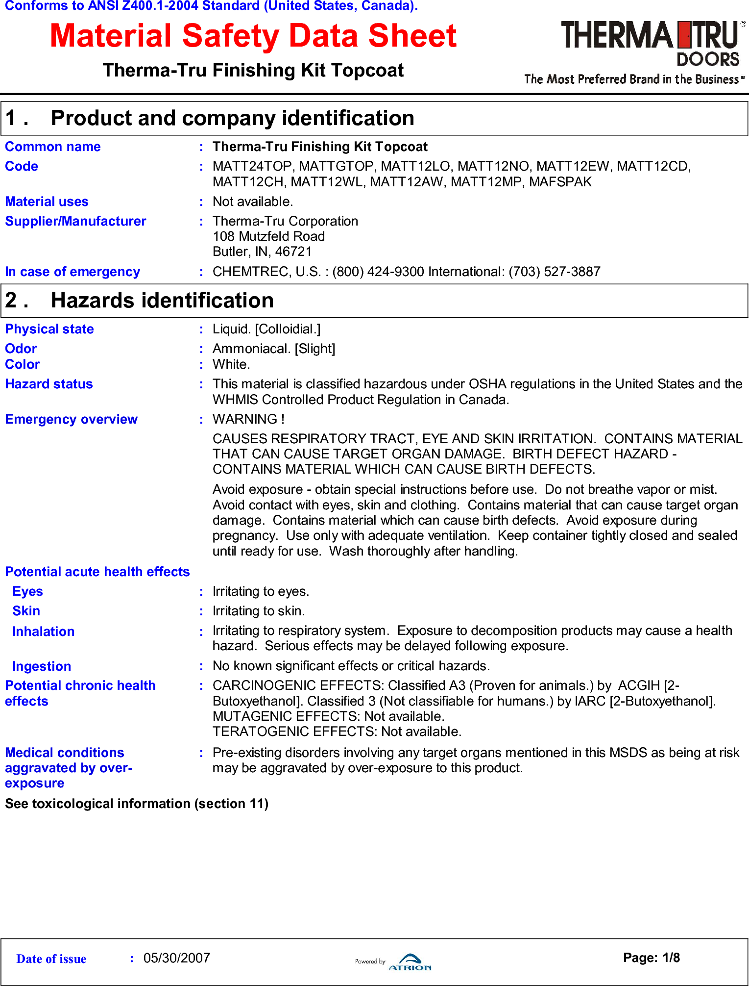 Page 1 of 8 - Therma Tru Msds Topcoat User Manual