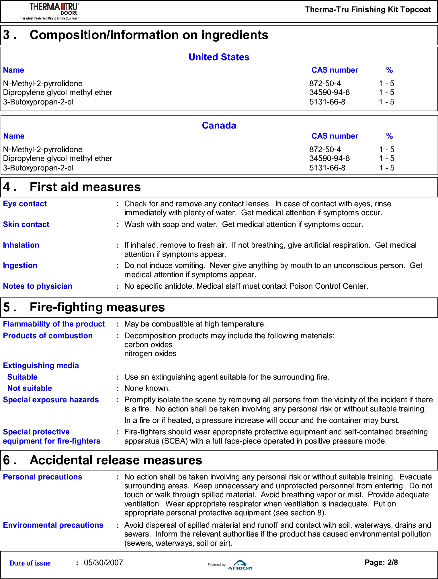 Page 2 of 8 - Therma Tru Msds Topcoat User Manual